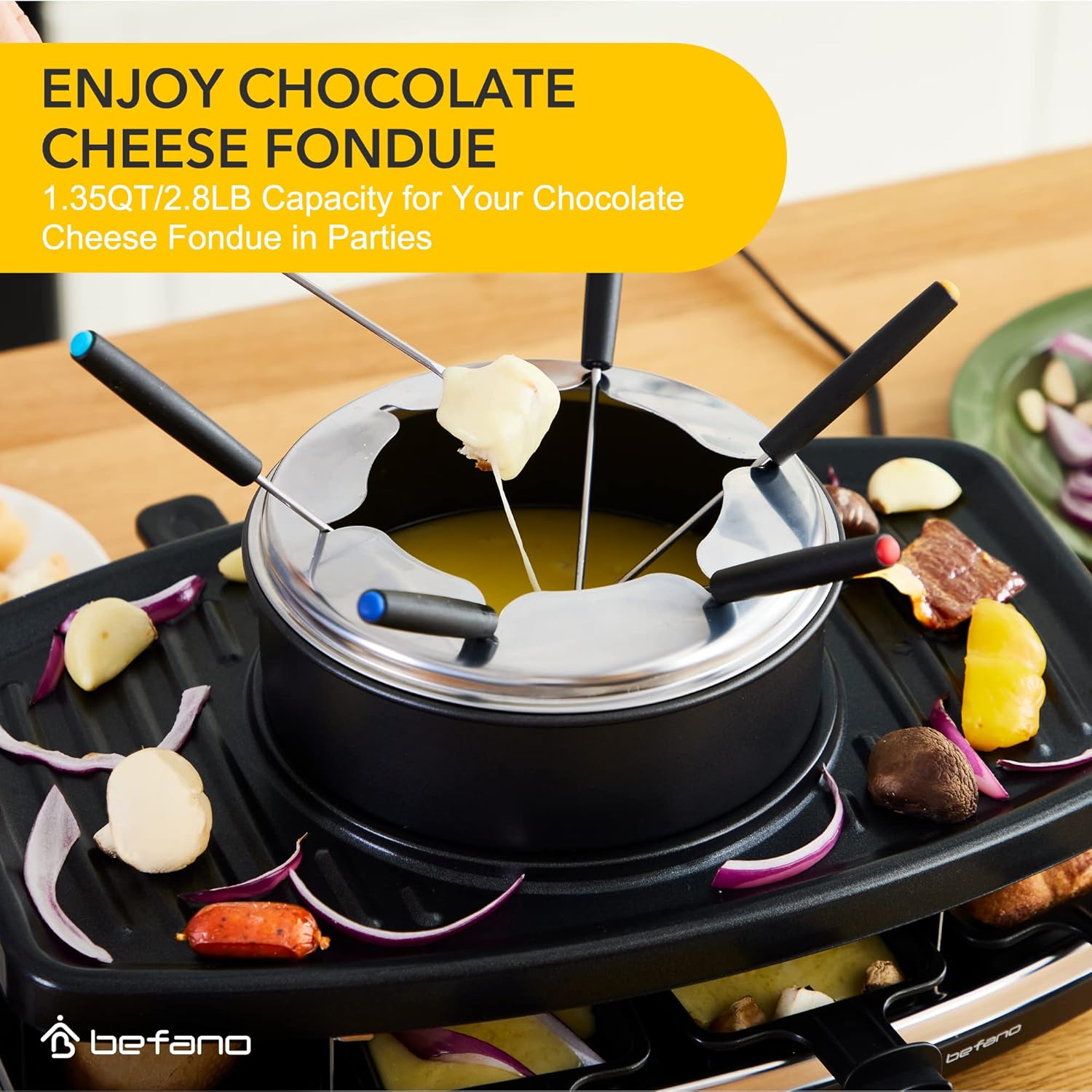 Electric Raclette BBQ Grill with Fondue Pot Sets, Portable Korean Table Grill Electric Indoor Cheese Raclette, Dual Adjustable Thermostats, 8 People Serve Perfect for Parties and Family Fun Silver