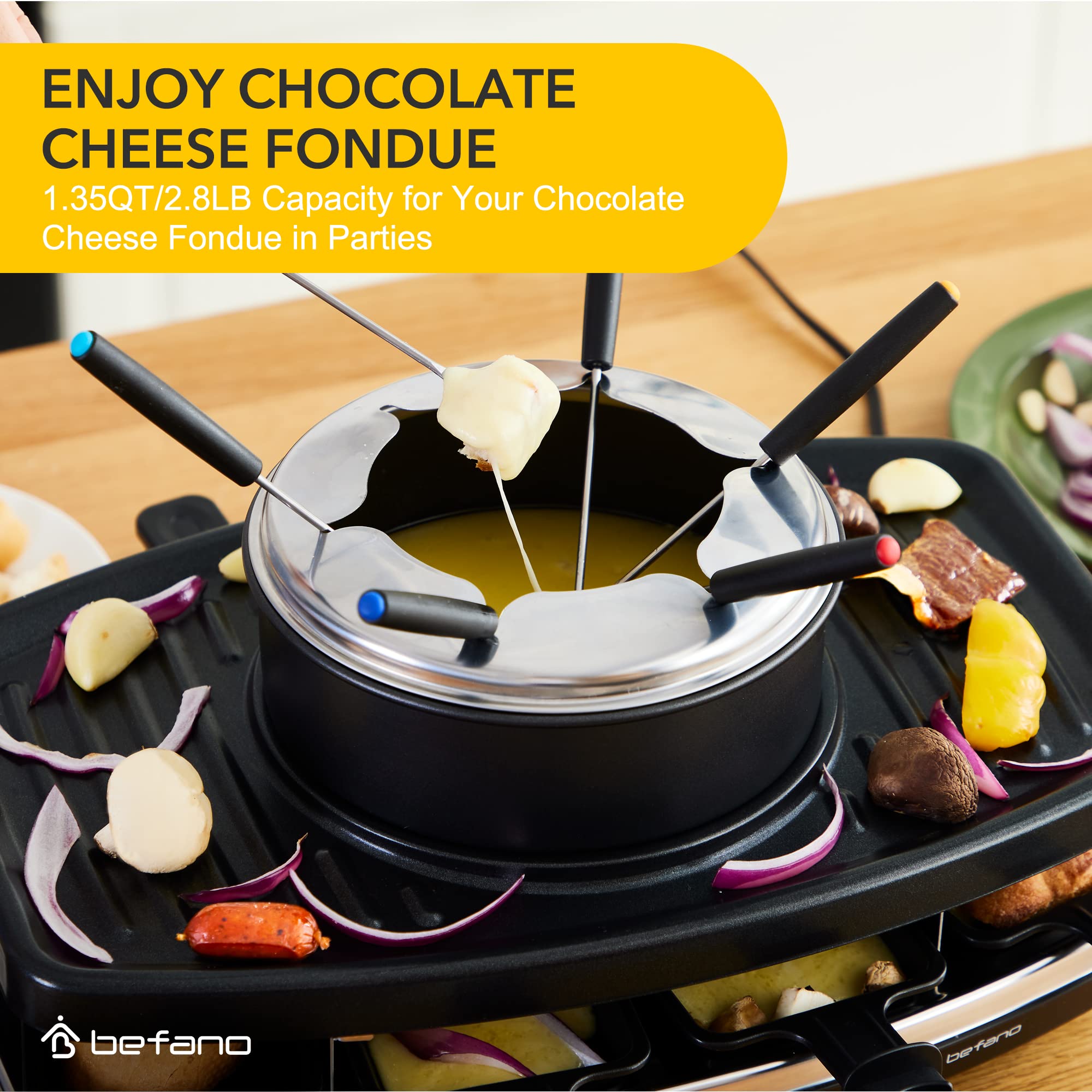 Befano Elektrischer Raclette-Grill mit Fondue-Topf-Set, tragbarer koreanischer Tischgrill für Käse, mit zwei verstellbaren Thermostaten, ideal zum Servieren von 8 Personen, perfekt für