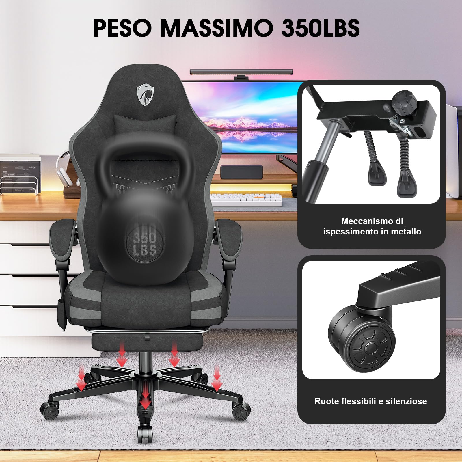 Douxlife Sedia Gaming in tessuto con Cuscino Lombare Massaggiante, Ergonomica Sedia da Ufficio con Cuscino Primaverile, Poggiapiedi, Portata 158kg, Nero Grigio
