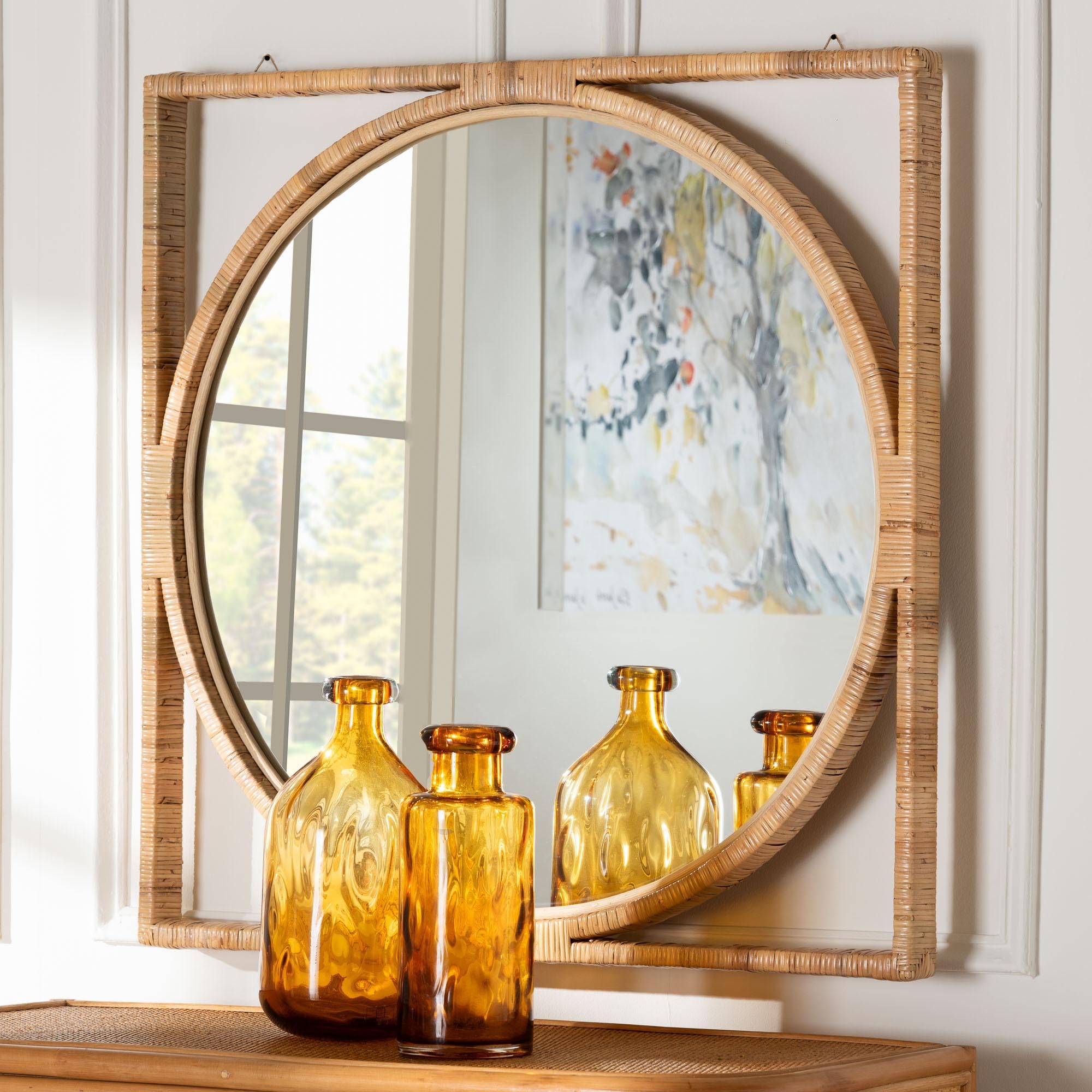 【訳あり】バリ島BOHOstyleラウンドミラーΦ70cm通常16,500円が！ Amazon.com: bali & pari Bayan Japandi Natural Rattan Wall Mirror