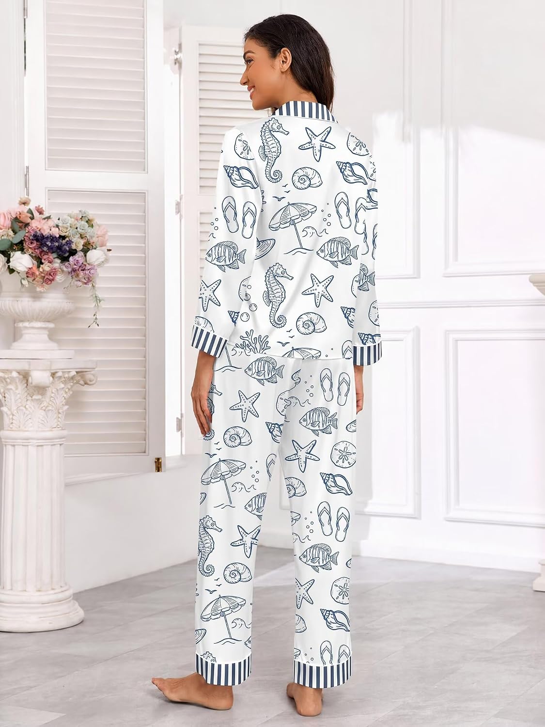 Brosloth Women's Satin Pajama Set Silk Long Sleeve Button Up Floral Pjs Set image 5