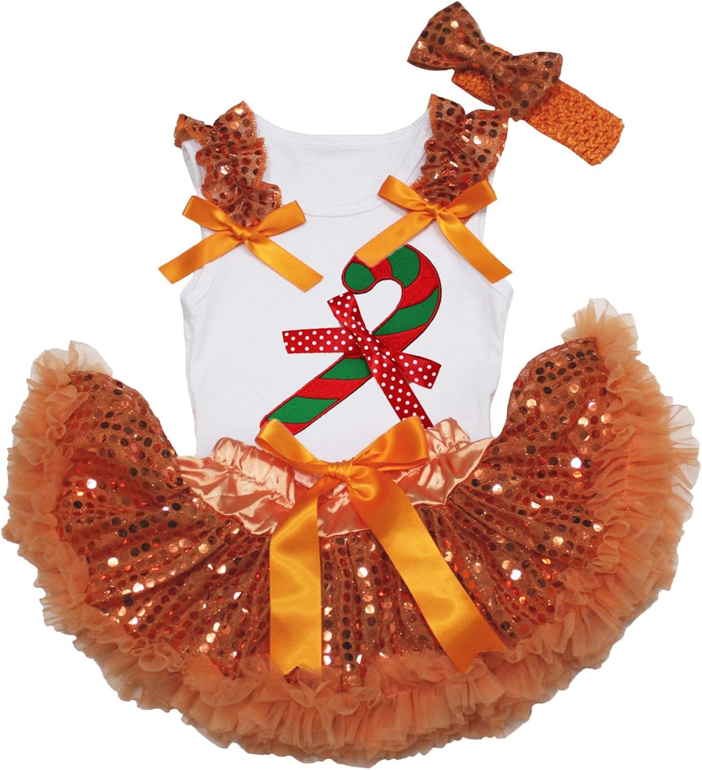 Christmas Dress Candy Stick White Shirt Orange Sequin Baby Skirt Xmas Set 3-12m