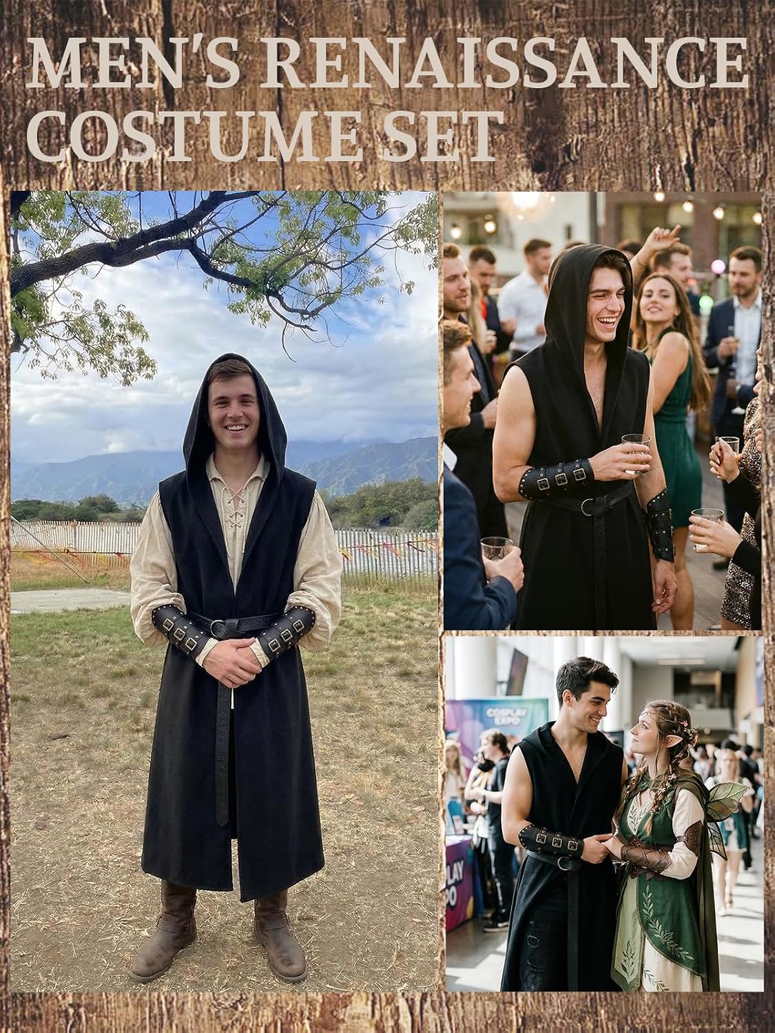 Men's Renaissance Costume set - Medieval Hooded Surcoat with Leather Belt & Bracers, Ren Faire Viking Cosplay Outfit