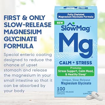 SlowMag Magnesium Glycinate Caplets, 100 Count, Slow-Release, Calm & Stress Support, Healthy Sleep, Gentle on Stomach, Chelated Magnesium Glycinate Supplements for Women & Men