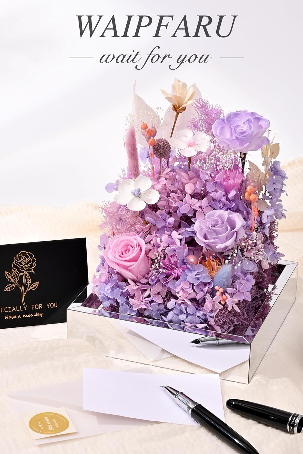 Waipfaru Valentines Day Gifts for Her, Preserved Roses in A Glass Dome Box, Forever Eternal Flowers in Acrylic Display Case, Galentines Day Gifts for Women Mom Grandma Mother in Law (Purple)