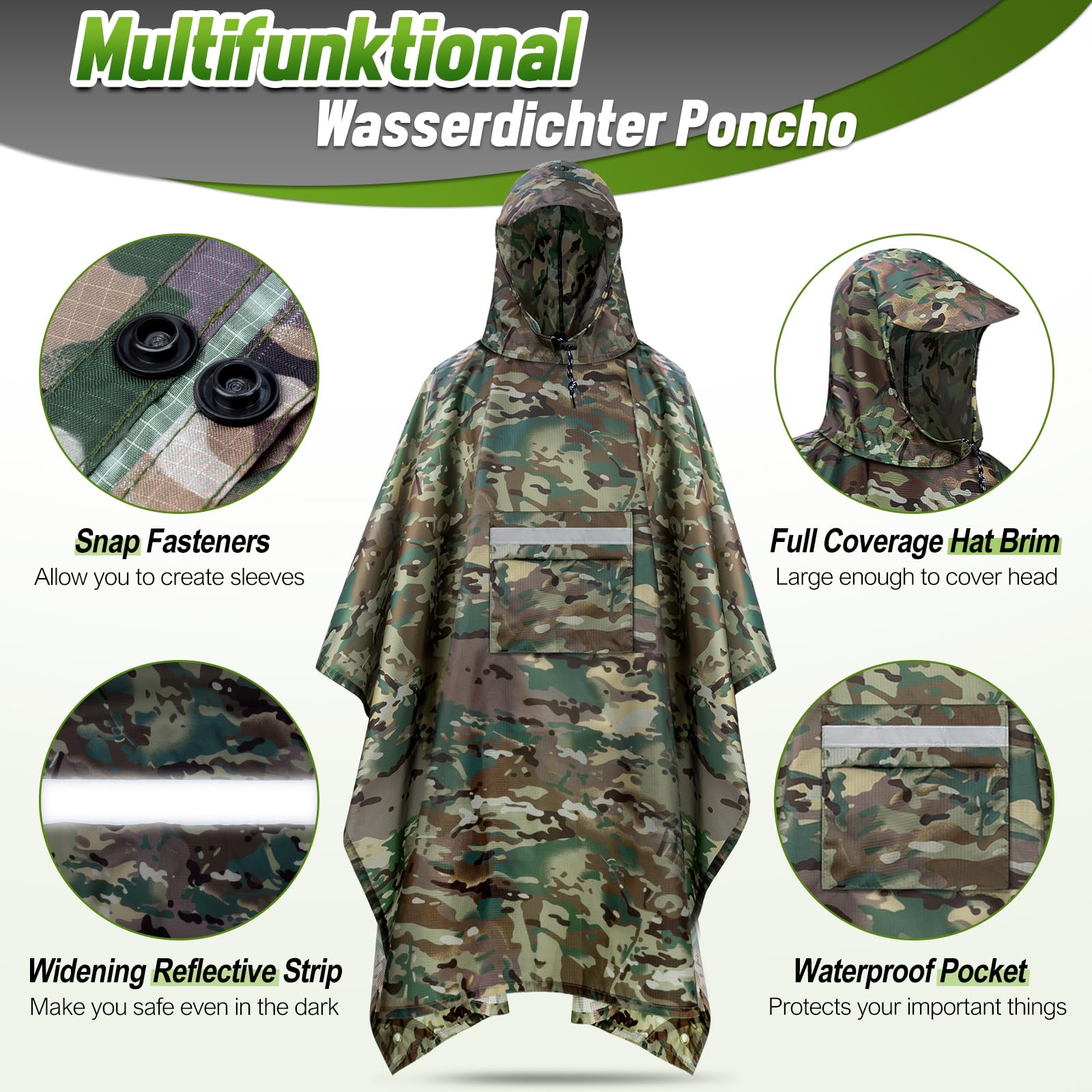 ENONEO Poncho Pluie Imperméable 3 En 1 225x140cm - Cape Réutilisable Avec Capuche Pour Randonnée Et Camping