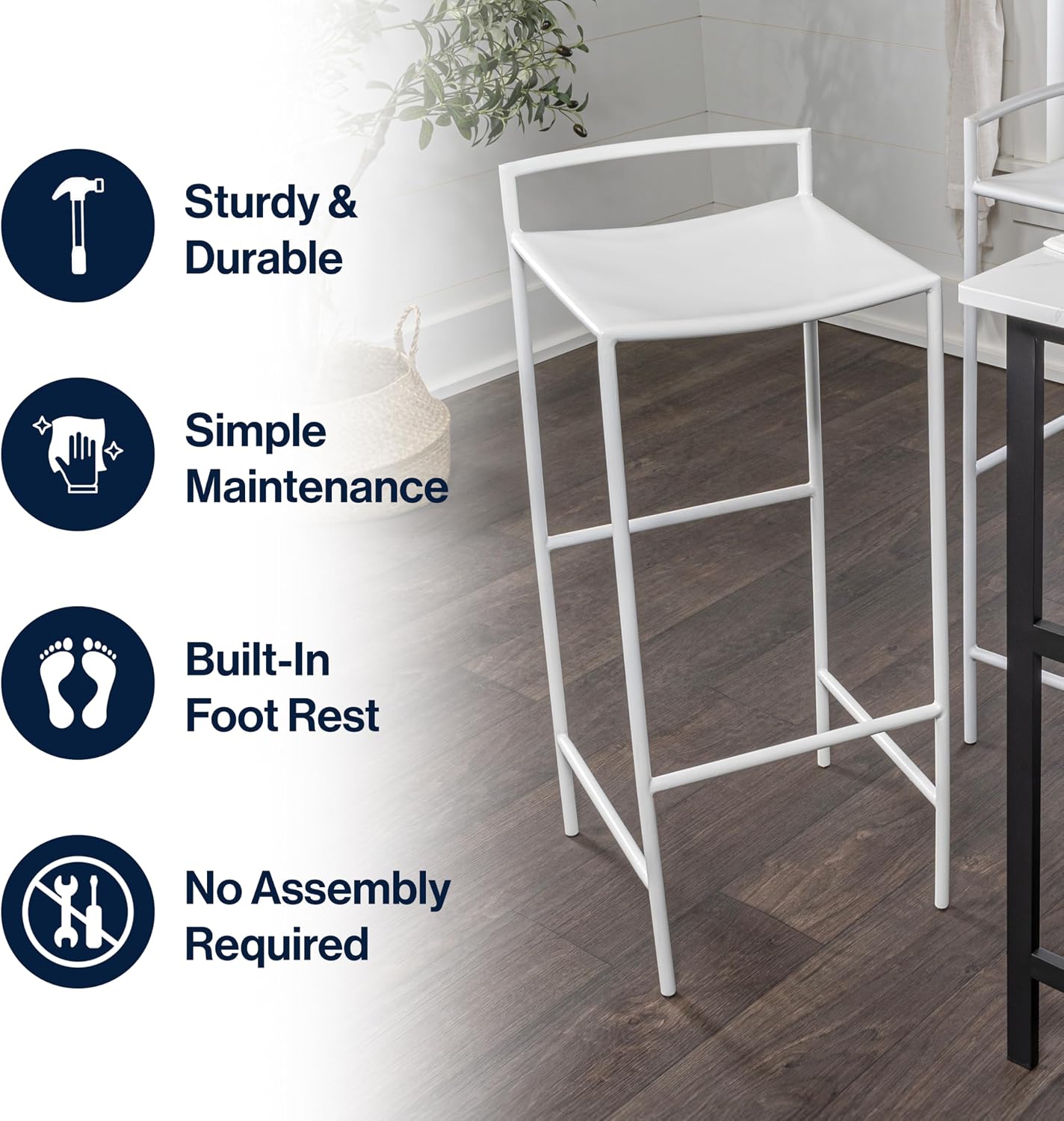 JONATHAN Y Svelte 29.5" White Metal Bar Stool, Seat Height Modern Industrial Armless Low Back Bar Chair with Integrated Footrest for Kitchen Island and Home Bar BSL1004B