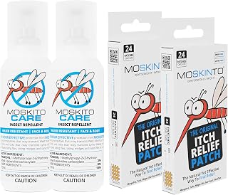 Moskinto Travel Pack & Moskito Care Insect Bug Spray Bundle, The Original Itch-Relief Bug Bite Patch & Extreme Outdoor Mosquito Bug Spray, Safe for Kids, 24 Patches, Pack of 2