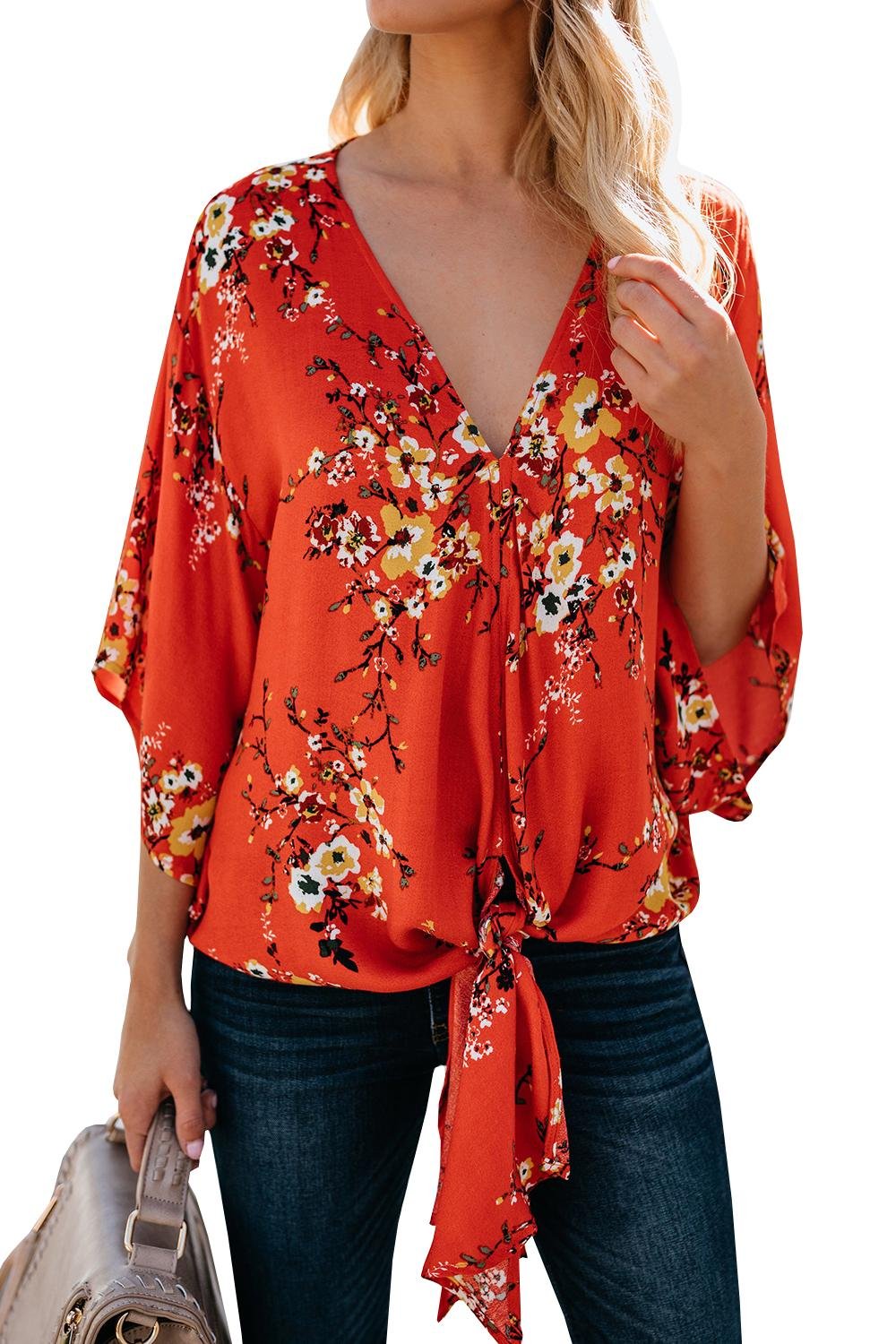FarktopWomens Floral V Neck Tie Knot Front Blouses Bat Wing Short Sleeve Chiffon Tops Shirts