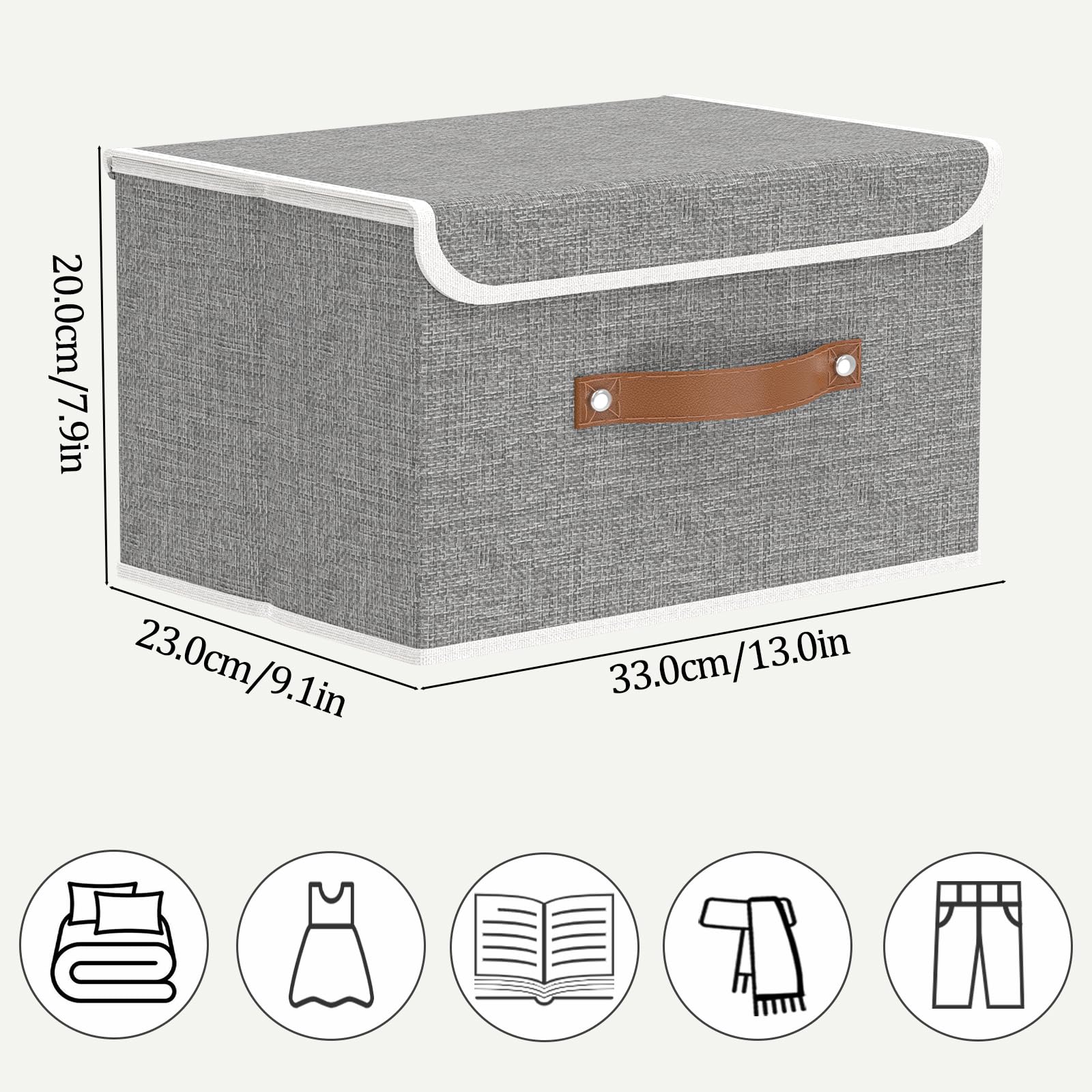 OUTBROS Grote opvouwbare opbergdoos met deksel, linnen stof kleding plank mand bakken doos voor handdoeken, kleding 38 x 24,9 x 24,9 cm (grijs, 2-pack