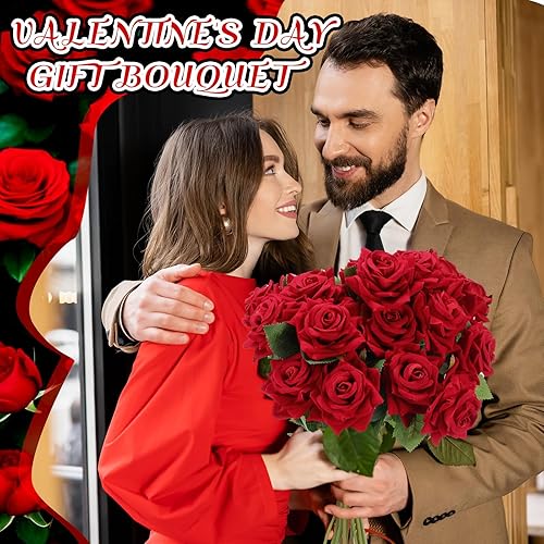 Miniatura 5 de Zeyune 50 rosas falsas de terciopelo a granel, flores artificiales de seda con tallo largo, ramo de rosas rojas de aspecto real, bricolaje para