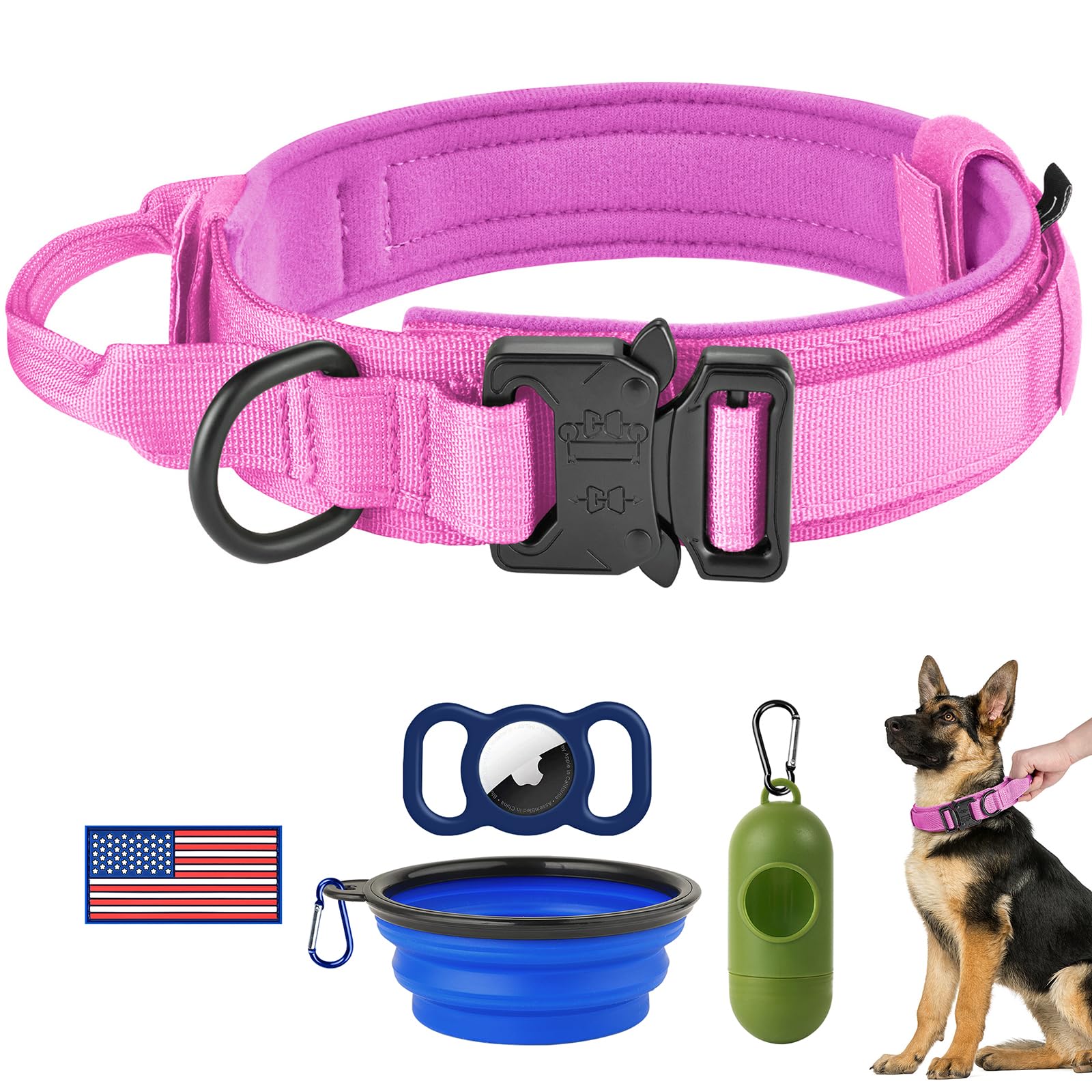 HYDEME Tactical Dog Collar Adjustable Nylon Collar with Control Handle and Heavy Metal Buckle for Medium and Large Dogs, with Patches&Airtags Case&