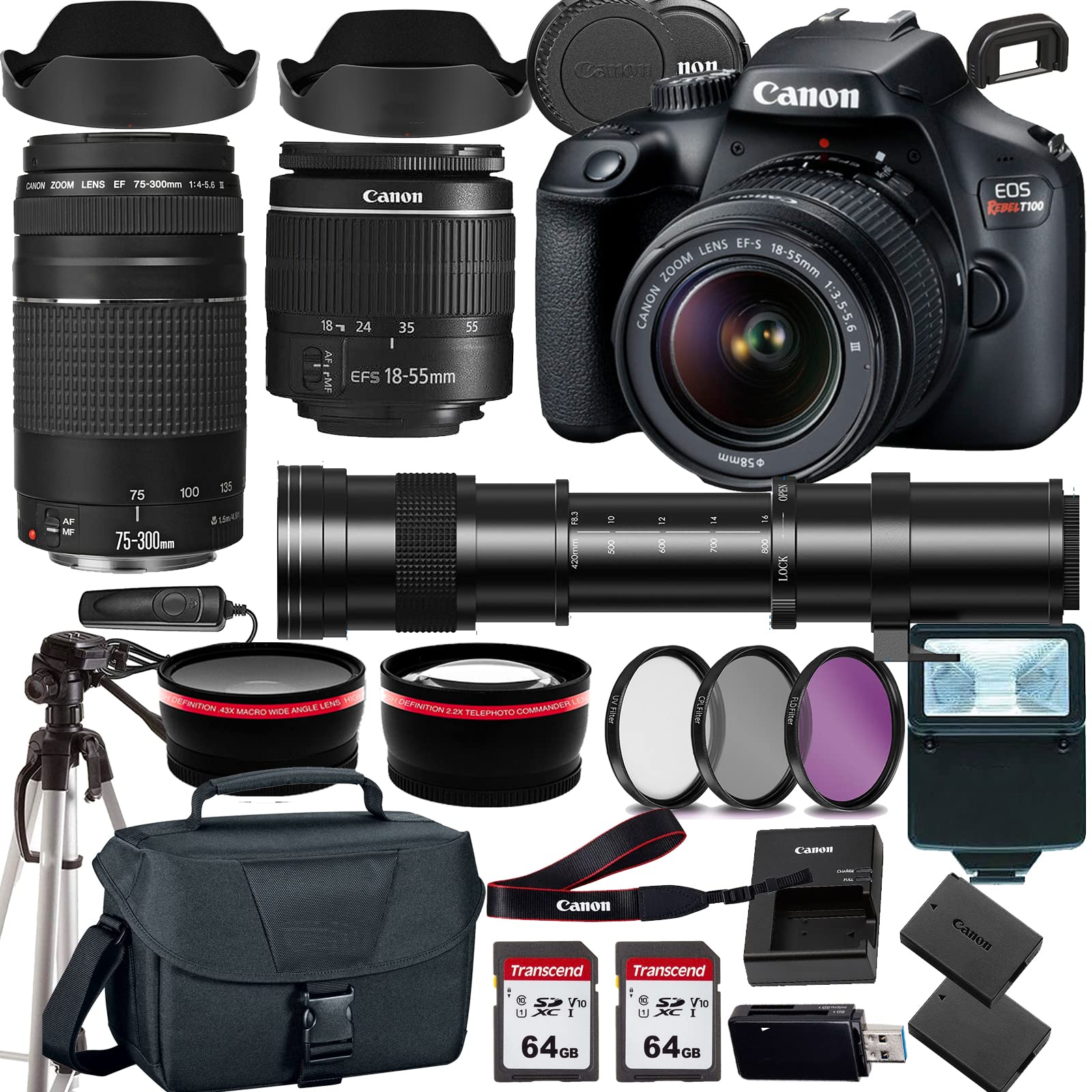 Canon EOS Rebel T100/4000D DSLR Camera w EF-S 18-55mm F/3.5-5.6 Zoom Lens EF 75-300mm III Lens+420-800mm HD Telephoto Zoom Lens+case+128Memory Cards (24PC) (Renewed)