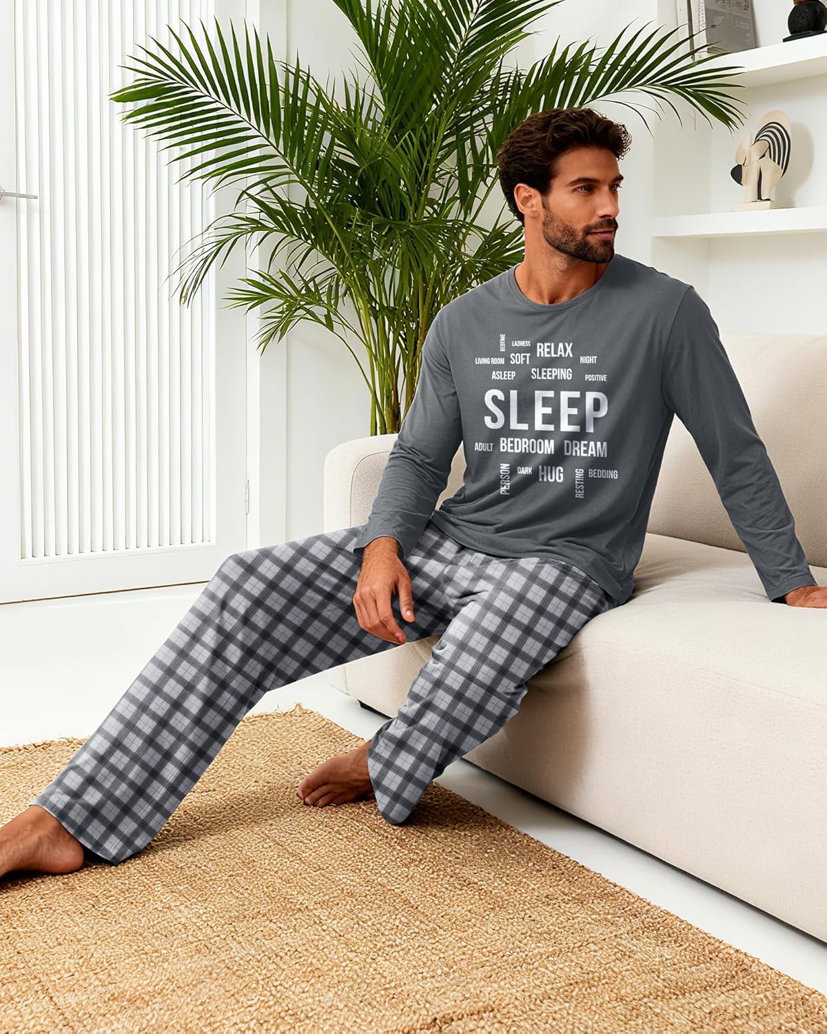 EverFahsion Mens Pajamas Set Soft Pjs Long Sleeve Sleep Set Lightweight Sleepwear 2-Piece Plaid Lounge Set with Pockets M-XL - Image 3