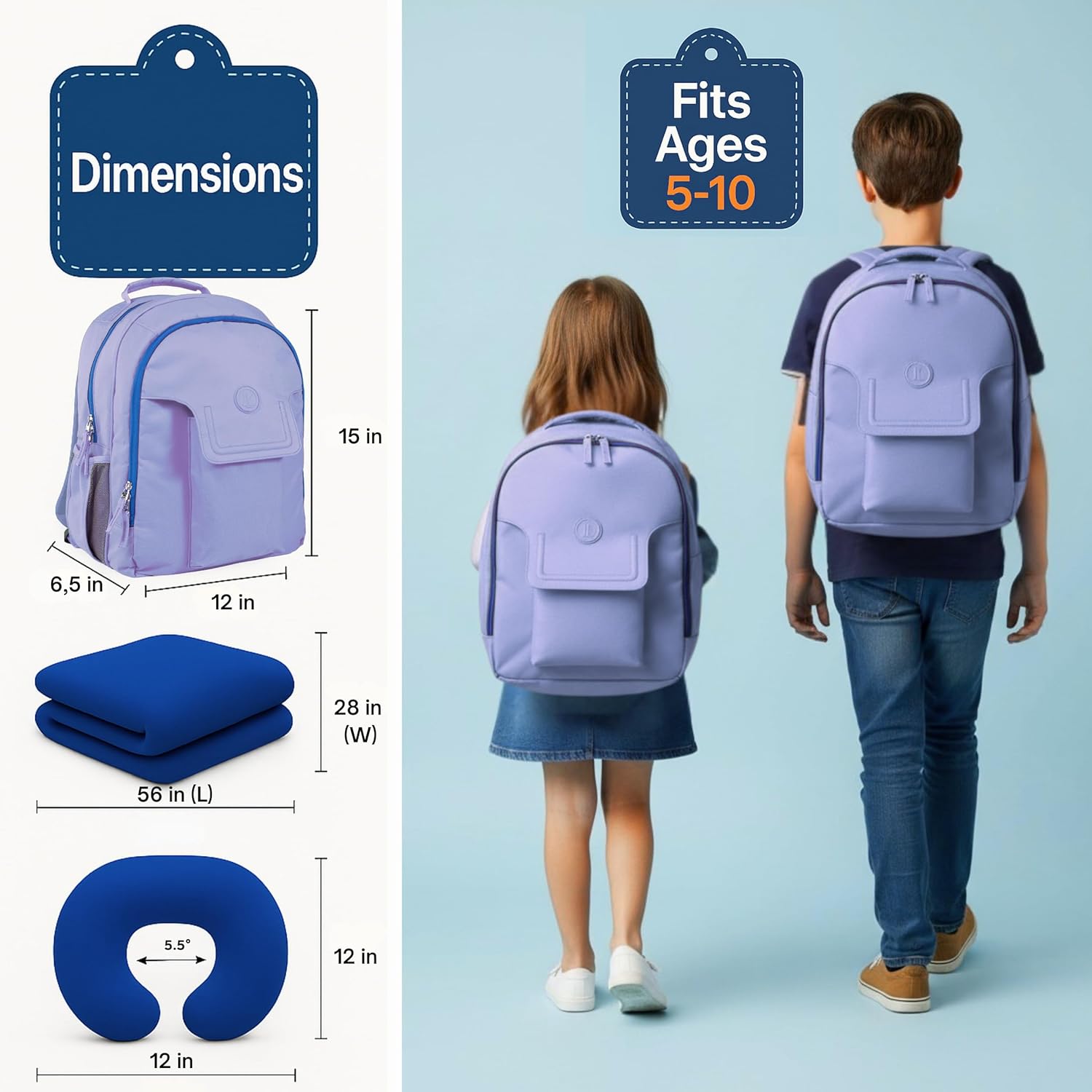 3pc Airplane Travel essentials Kids travel backpack for airplane, air tagholder for kids pillow and blanket | Toddler travel essentials