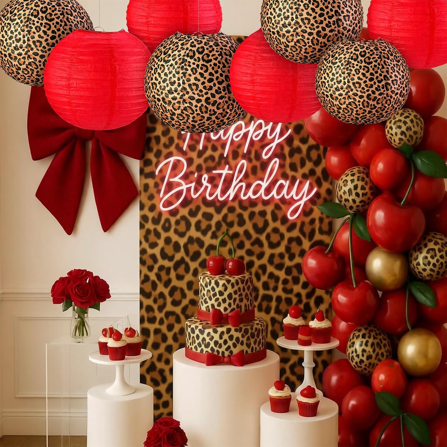 LemonRoad 9 Pcs Cheetah Cherry Paper Lantern Set 10 Inches Leopard Birthday Decorations Cheetah Print Decor Leopard Hanging Lantern Safari Animal Supplies Decor for Girls Women