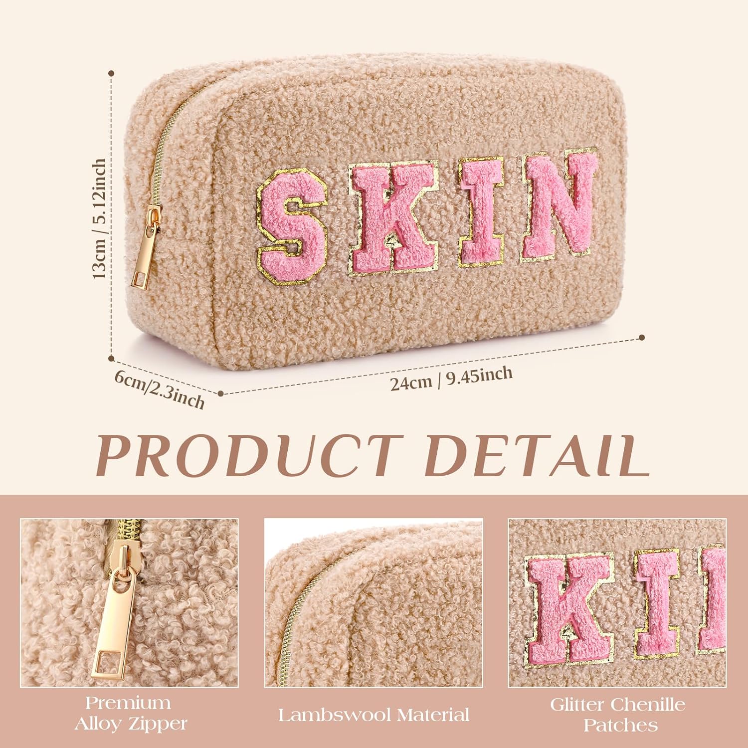 Paterr 4 Pcs Christmas Chenille Letter Preppy Patches Makeup Pouch Bag Plush Fuzzy Makeup Pouch Hair Skin Face Stuff Bag Large Cosmetic Purse Zipper Travel Toiletry Kit for Gift(Pink Beige Colors)
