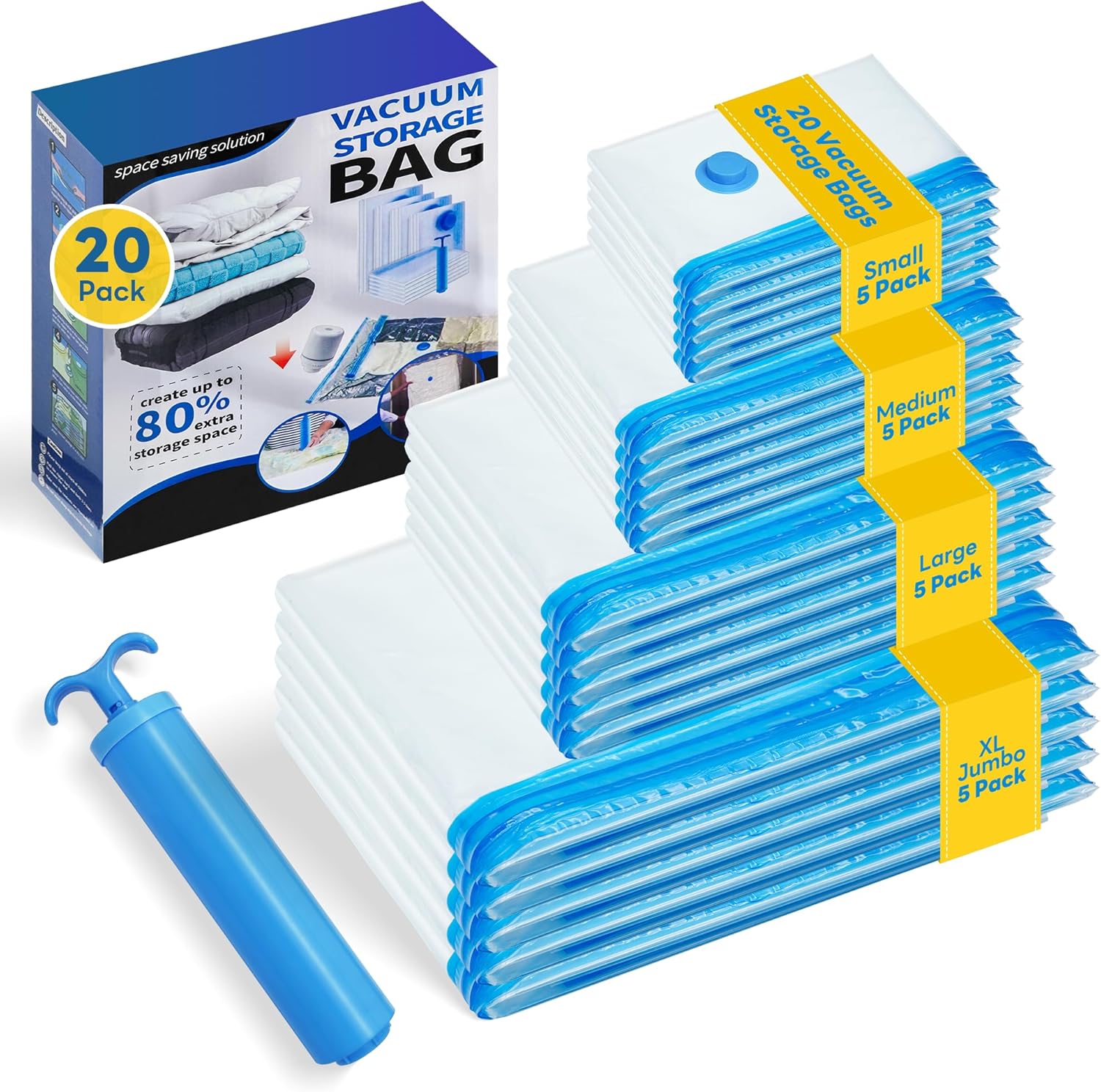 Product image of Vacuum Seal Bags for clothing - 20 Pack Vacuum Storage Bags for Travel (5 Jumbo/5 L /5 M /5 S), Space Saver with hand pump, Vacuum Sealed Bags for Luggage Clothes Blankets Bedding
