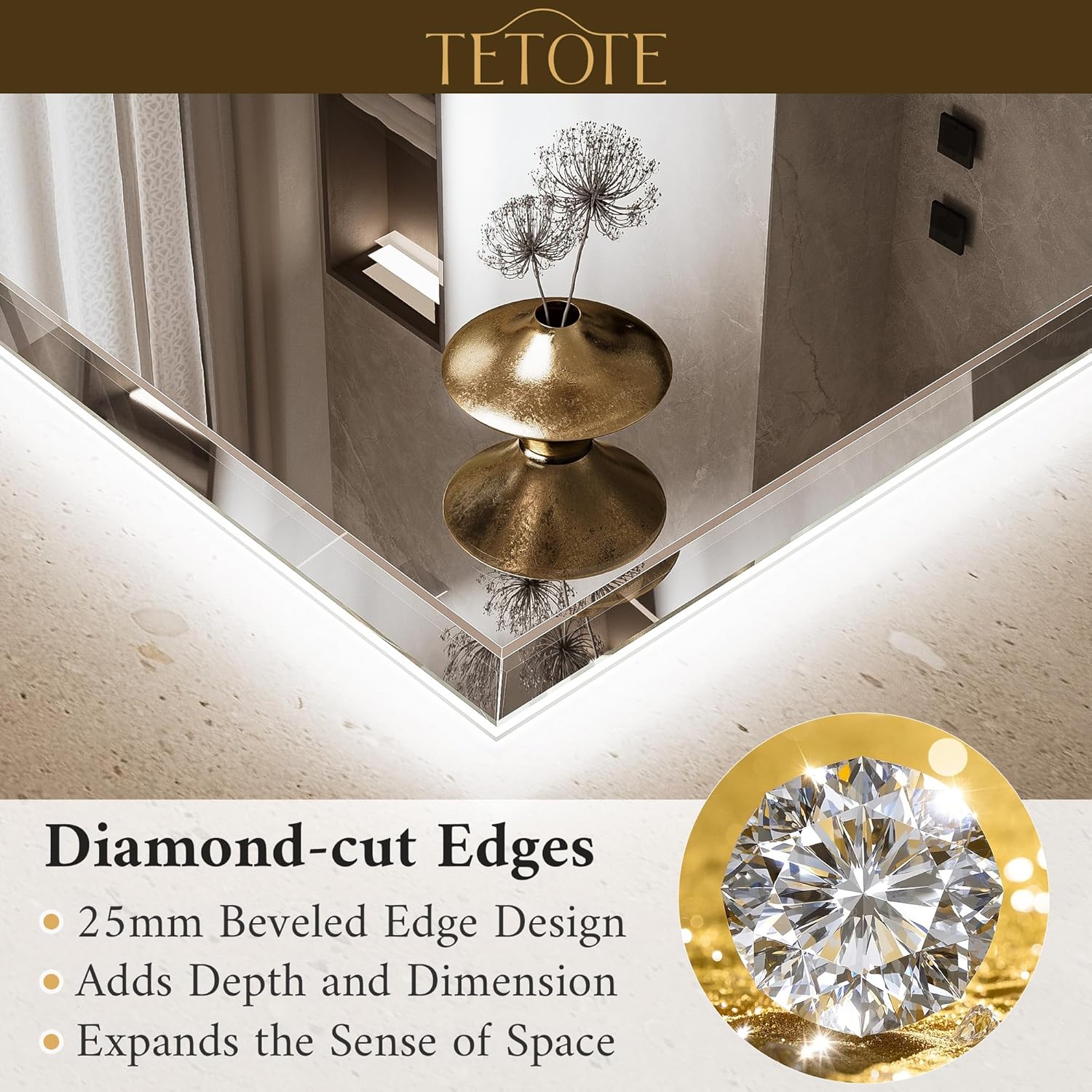 TETOTE 48 x 36 LED Mirror Backlit, Beveled Bathroom Mirror with Backlight, Safe Tempered Glass, 3 Color Temperature, Defogger, Dimmable, Memory Function, UL-Listed, Wall-Mounted Vanity Mirrors