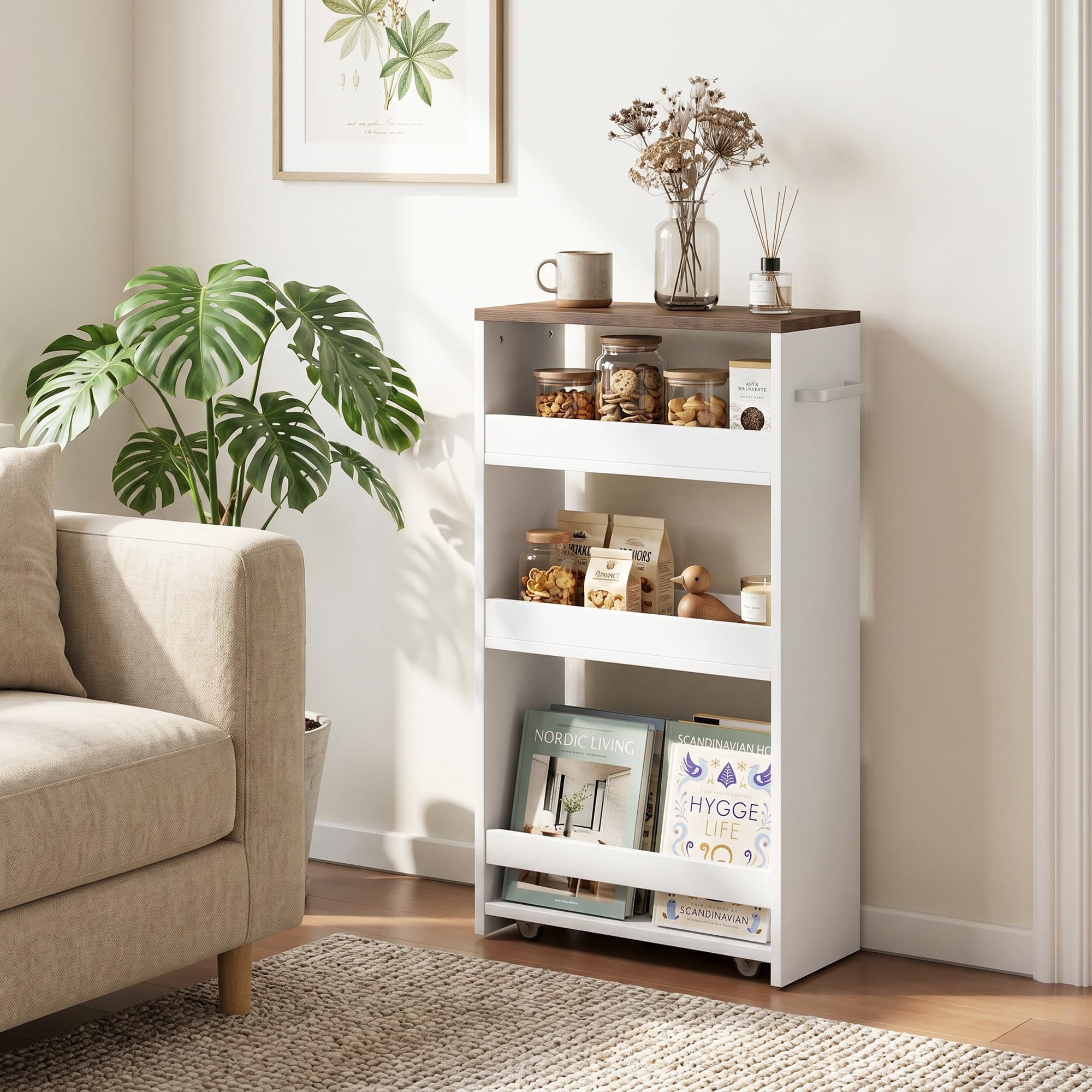 HOMCOM Carrito de Cocina Estrecho 3 Niveles con Ruedas 40x20x84 cm Blanco | Asa Lateral, Carro de Cocina Rodante, para Espacios Reducidos, Comedor o Salón