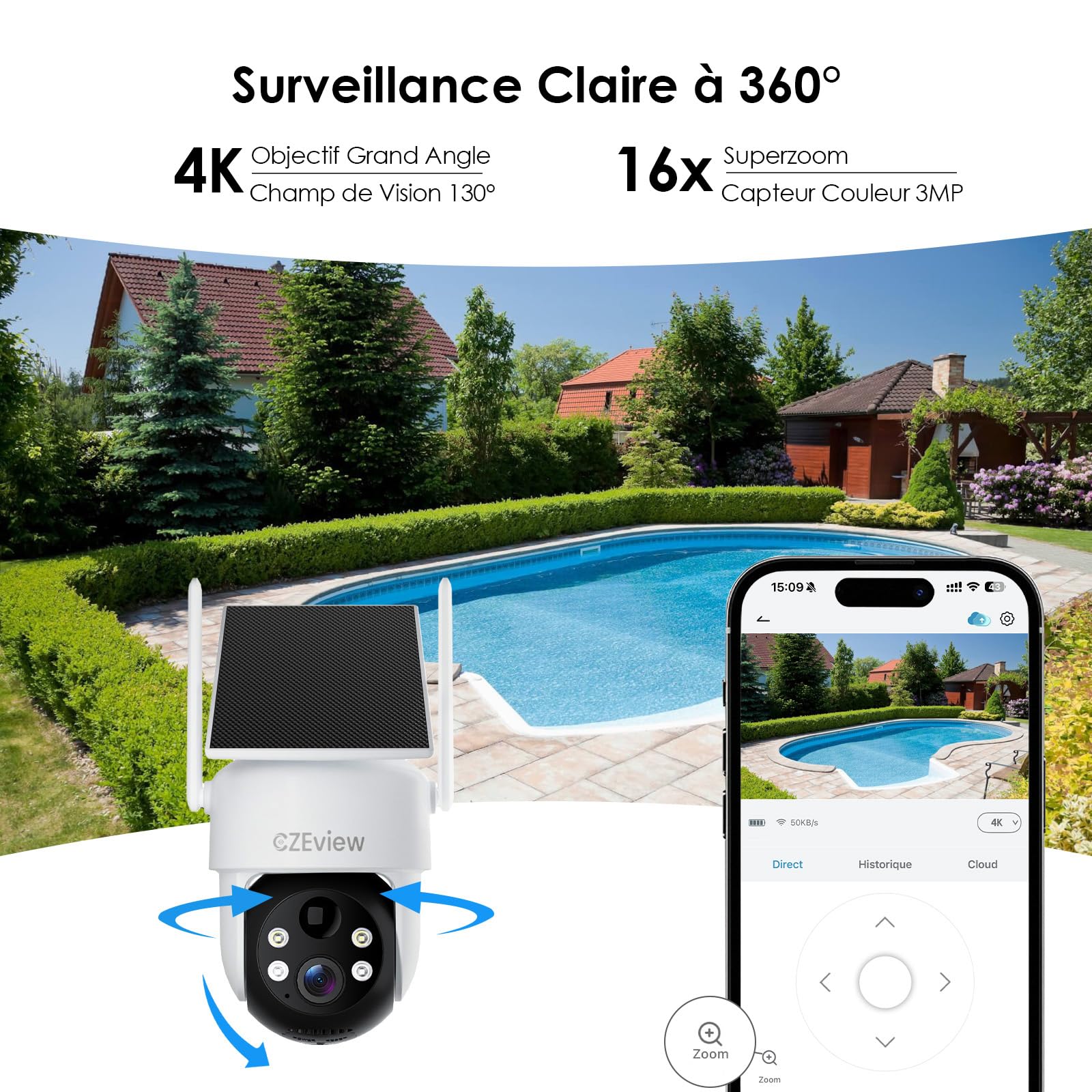 CZEview 2K/4K Camera Surveillance WiFi Extérieure Solaire sans Fil, System d'Alarme, 360° Caméra Exterieure Batterie, Détection Mouvement, Vision Nocturne en Couleur (Blanche, 2k)