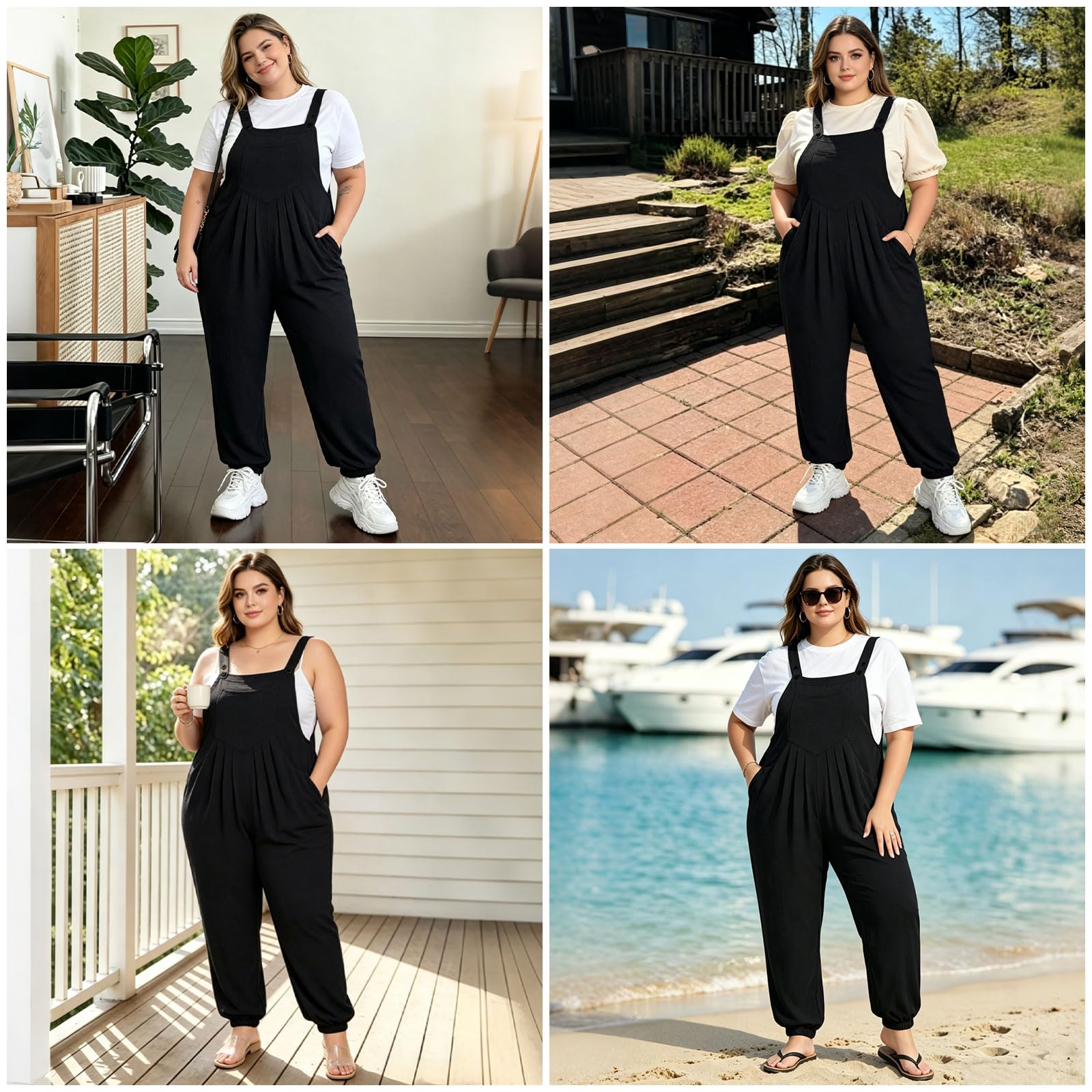 Moon Wood Damen Latzhosen Oversize mit Elastischem Saum Casual Baggy Sommer Jumpsuit Overall mit Trägern und Taschen Große Größen
