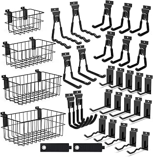 35PCS Slatwall Accessories Set, 4 Ventilated Wire Baskets & 31 Heavy Duty Hooks for Garage Shop Storage