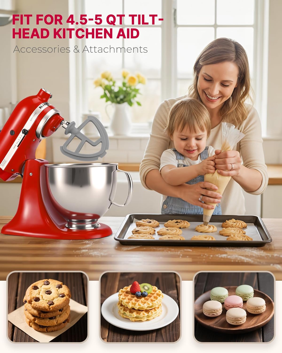 Stainless Steel Flex Edge Beater Attachment Compatible with KitchenAid 4.5–5 QT Tilt-Head Mixers, 304 Food-Grade Silicone Full-Coverage Scraper Paddle, Full-Bottom Mixing Attachment, Dishwasher Safe