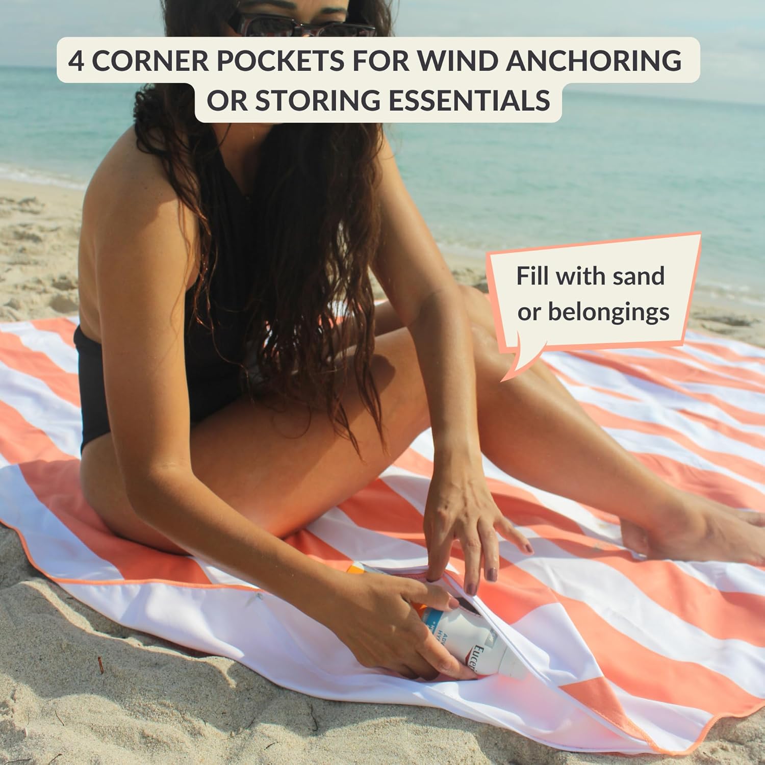 Plush Microfiber Beach Blanket, Extra Large Beach Mat for 3-6 Persons, Sandproof, Windproof | Hole for Umbrella, Corner Sand Pockets to Fight Wind (Bag for Blanket Included)