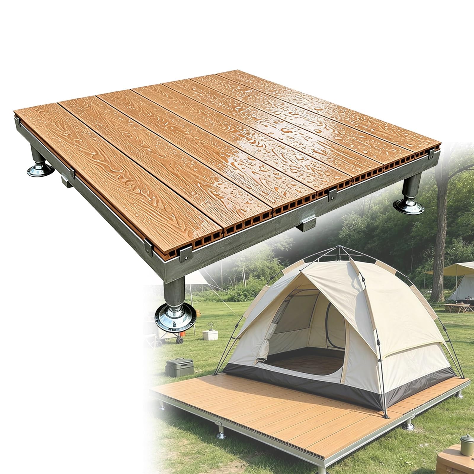 Pedana Modulare Con Piedini Regolabili, Piattaforma Terrazzo Rialzata WPC | 84x84cm Pavimento In Legno Composito Impermeabile Per Giardino, Piastrelle Esterno Con Telaio Metallico(Light brown)