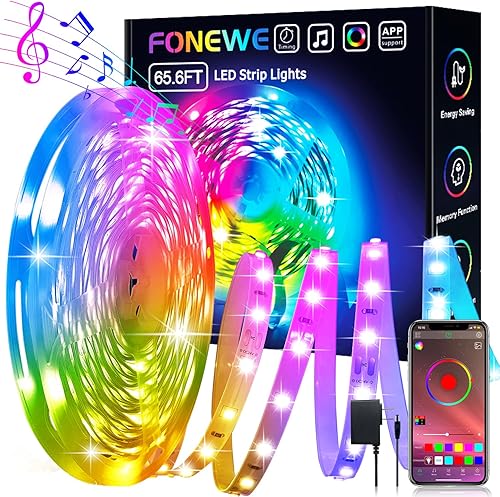 FONEWE Tira de luces LED RGB de 65.6 pies que cambian de color, tira de luces LED de sincronización de música, luces LED para decoración de