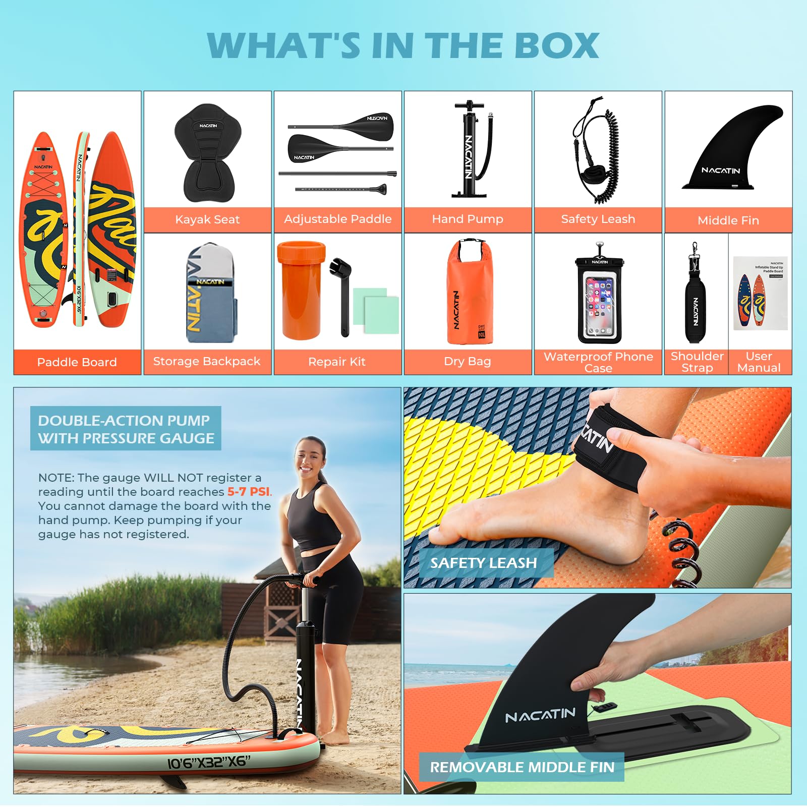 NACATIN Aufblasbares Paddelboard SUP 320 cm mit Kajaksitz