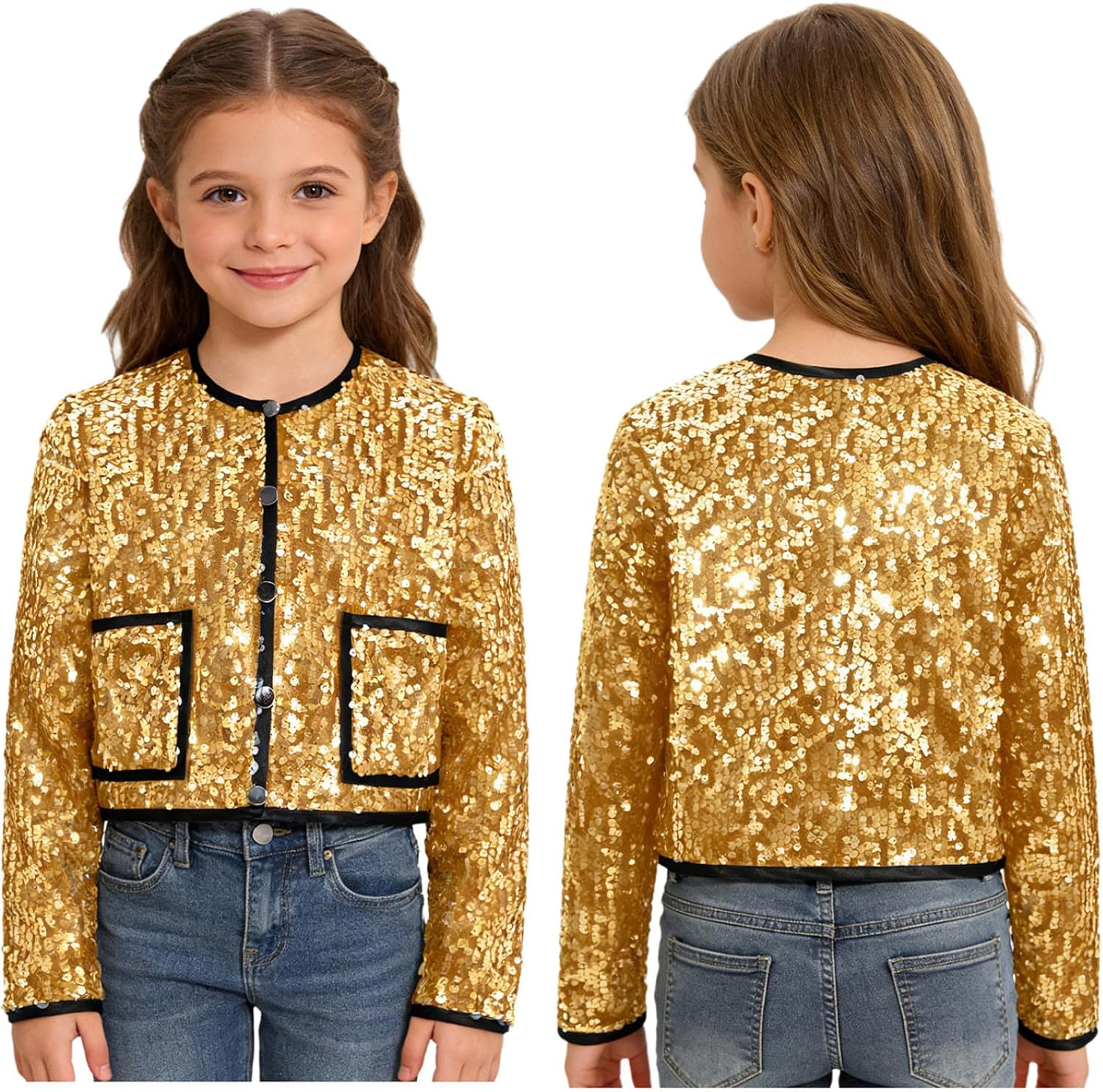 JEYPINMI Kids Girls Sequin Blazer Button Down Dress Coat Cropped Long Sleeve Bling Party Cardigan Jacket