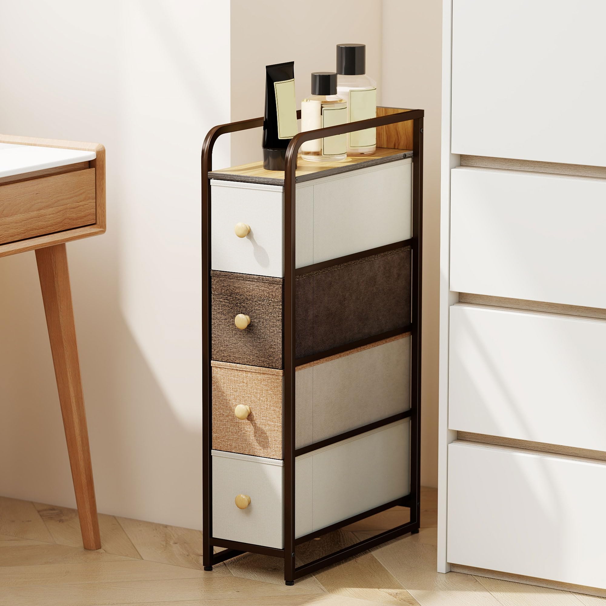 HOMCOM Cassettiera in Tessuto Slim Salvaspazio 20x47x84.5 cm Multicolore | 4 Cassetti Pieghevoli, Mobile con Cassetti Compatto in Acciaio, Camera da Letto Bagno Soggiorno