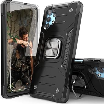 for Galaxy A32 Case with Ring Holder Stand,Screen Protector,Black