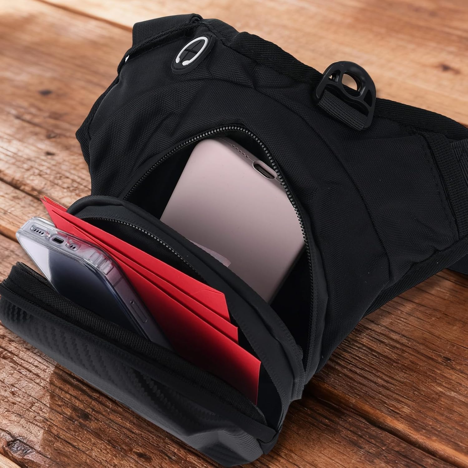 Penitue Motorcycle Leg Bag, Waterproof Waist Pack Pouch for Men & Women with Adjustable Drop Shoulder Strap & Dual Zipper Compartments Ideal Cycling Hiking Traveling Accessories (Black)