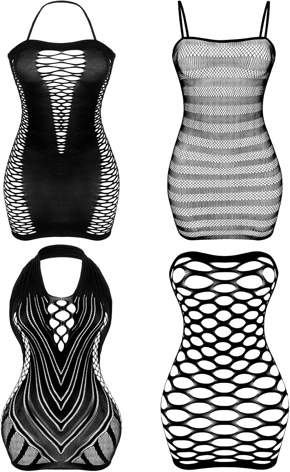 4pcs Women's Fishnet Lingerie Lace Fishnet Stockings Sheer Mesh Lingerie Sleeveless Stretch Skirt Bodysuit