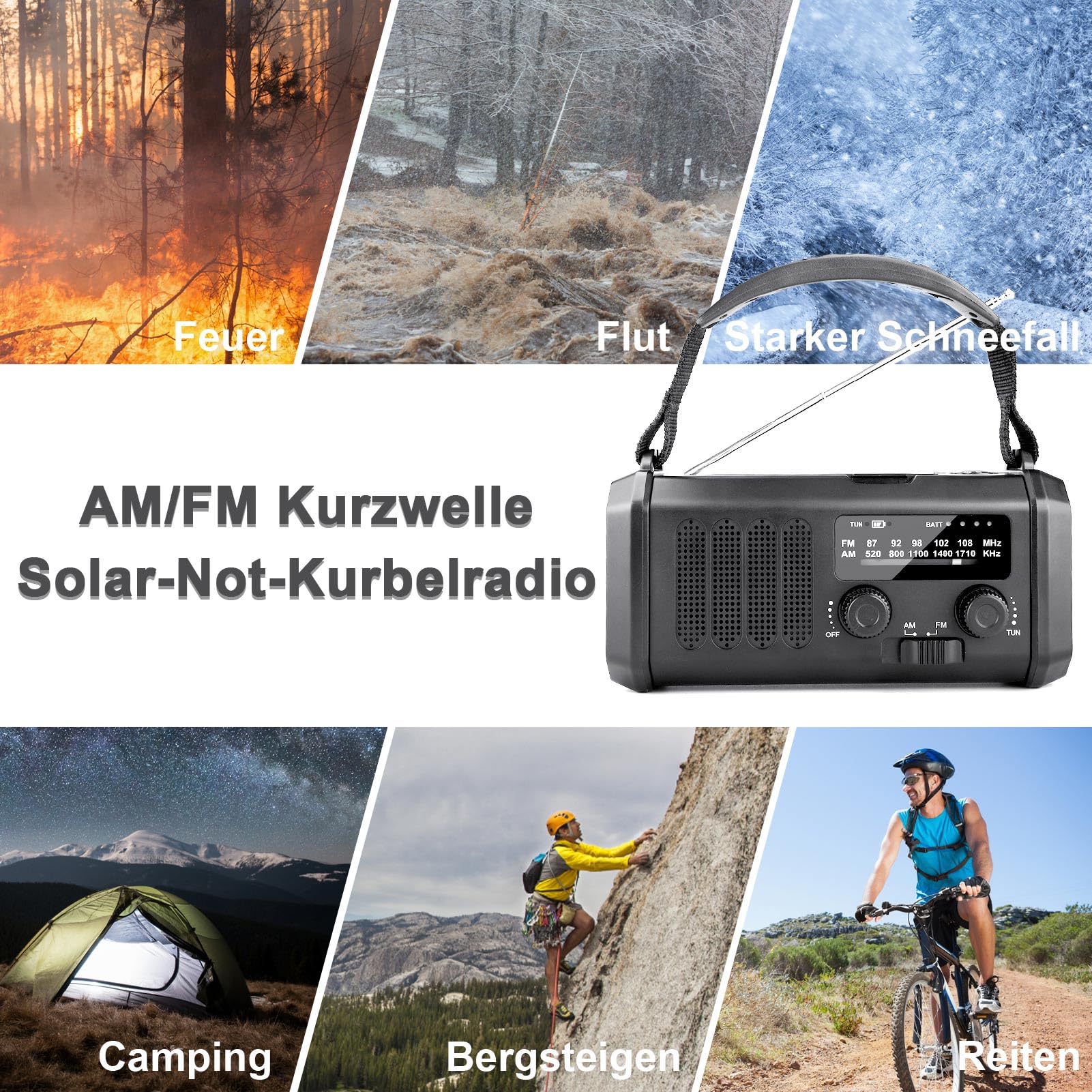 YIKANWEN Radio a ghirlanda con 20000 mAh batteria ricaricabile, radio solare portatile, radio di emergenza con dinamo AM/FM, power bank, lampada da campeggio LED, allarme SOS, bussola (nero)