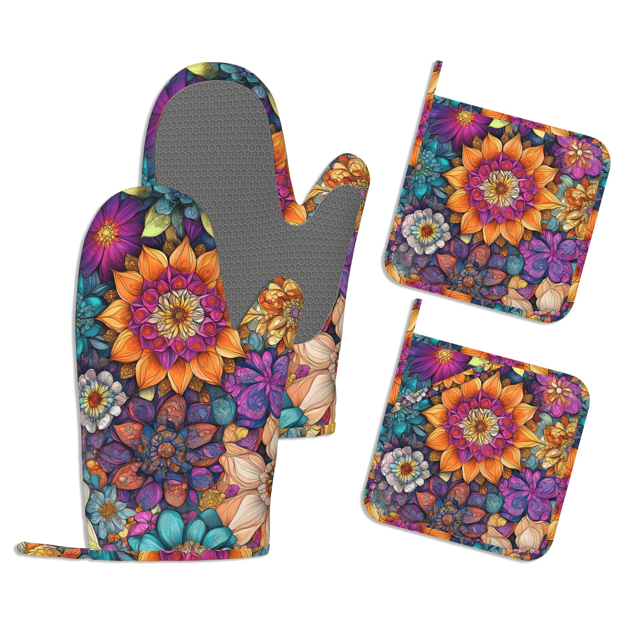 Juego de manoplas de horno y soportes para ollas de flores coloridas, manoplas de cocina florales vintage extralargas para cocinar, juego de utensilios de cocina de silicona resistente al calor de