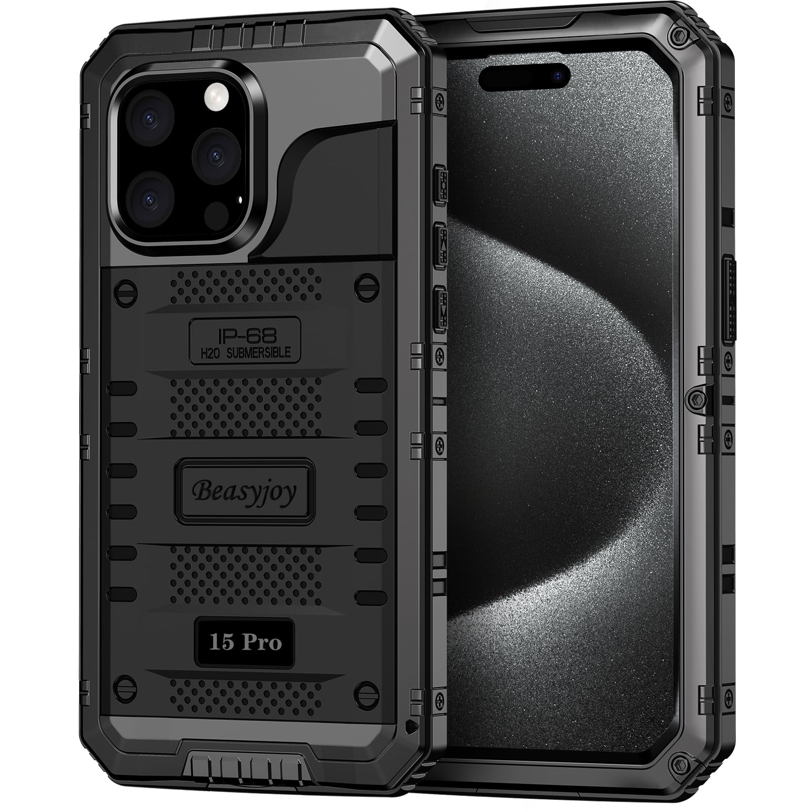 Beasyjoy for iPhone 15 Pro Case Waterproof, Metal Full Body Phone Case with Built-in Screen Protector, Military Grade Heavy Duty Defender Armor