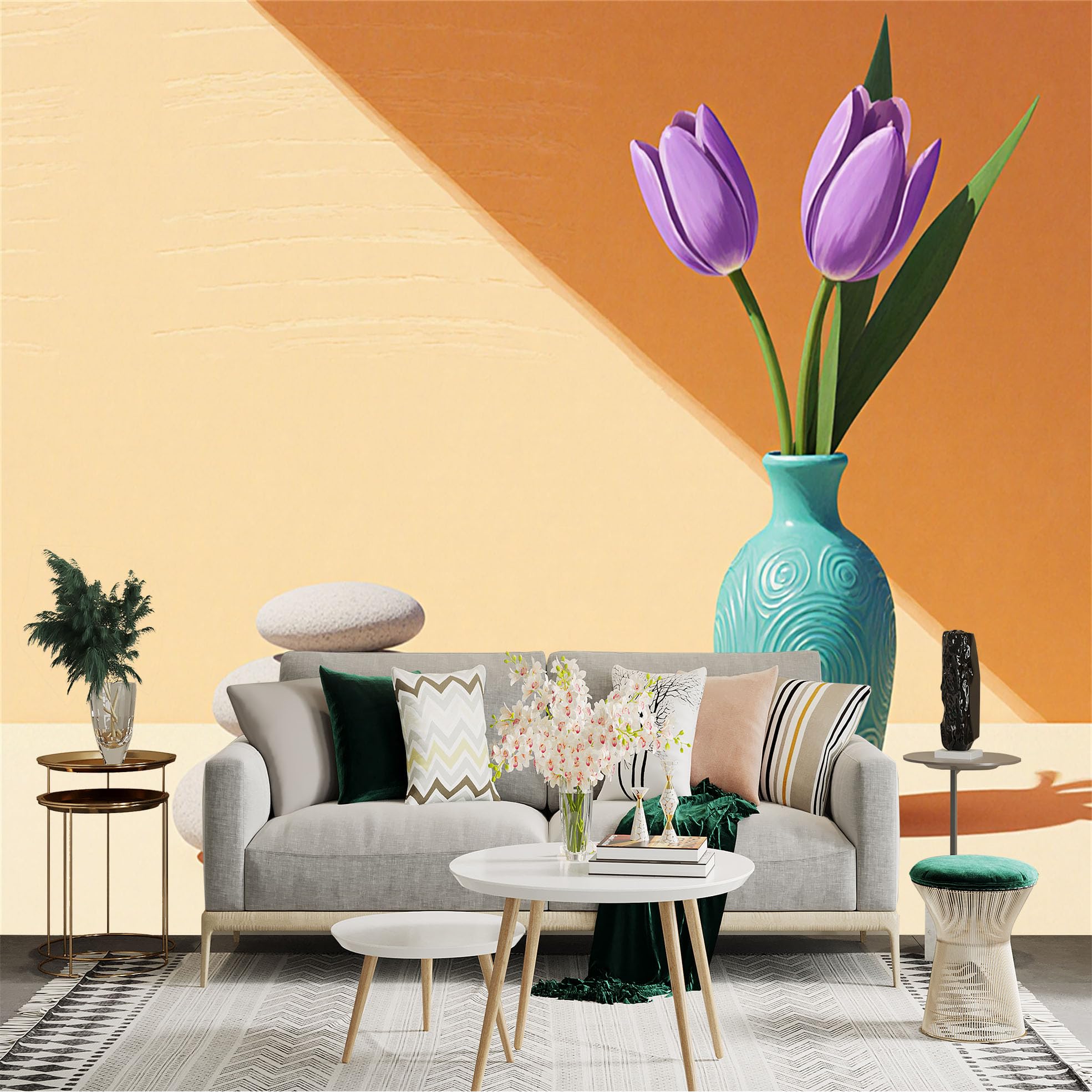 Custom Size Wall Sticker Mural， Purple Tulips in Turquoise Vase， Zen Stone Stacking， Modern Minimalist Decor， for wall Decoration， peelandstick wall Decals.