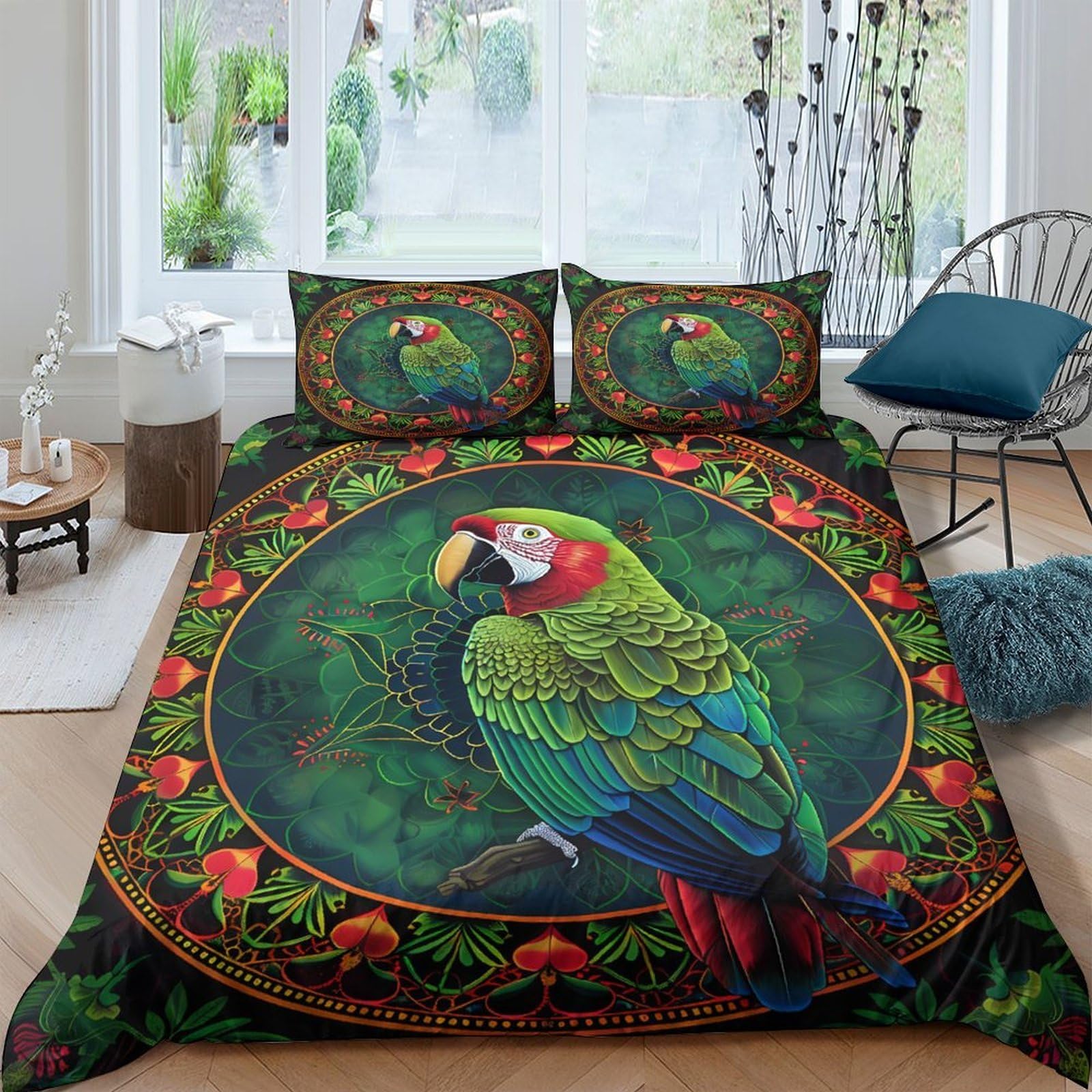 TUFRTGYHN 3D Printed Parrot Jungle Duvet Cover Microfiber Soft Breathable Tropical Bird Bedding Set with 2 Pillowcases for Bedroom Decor, Single（135x200cm）