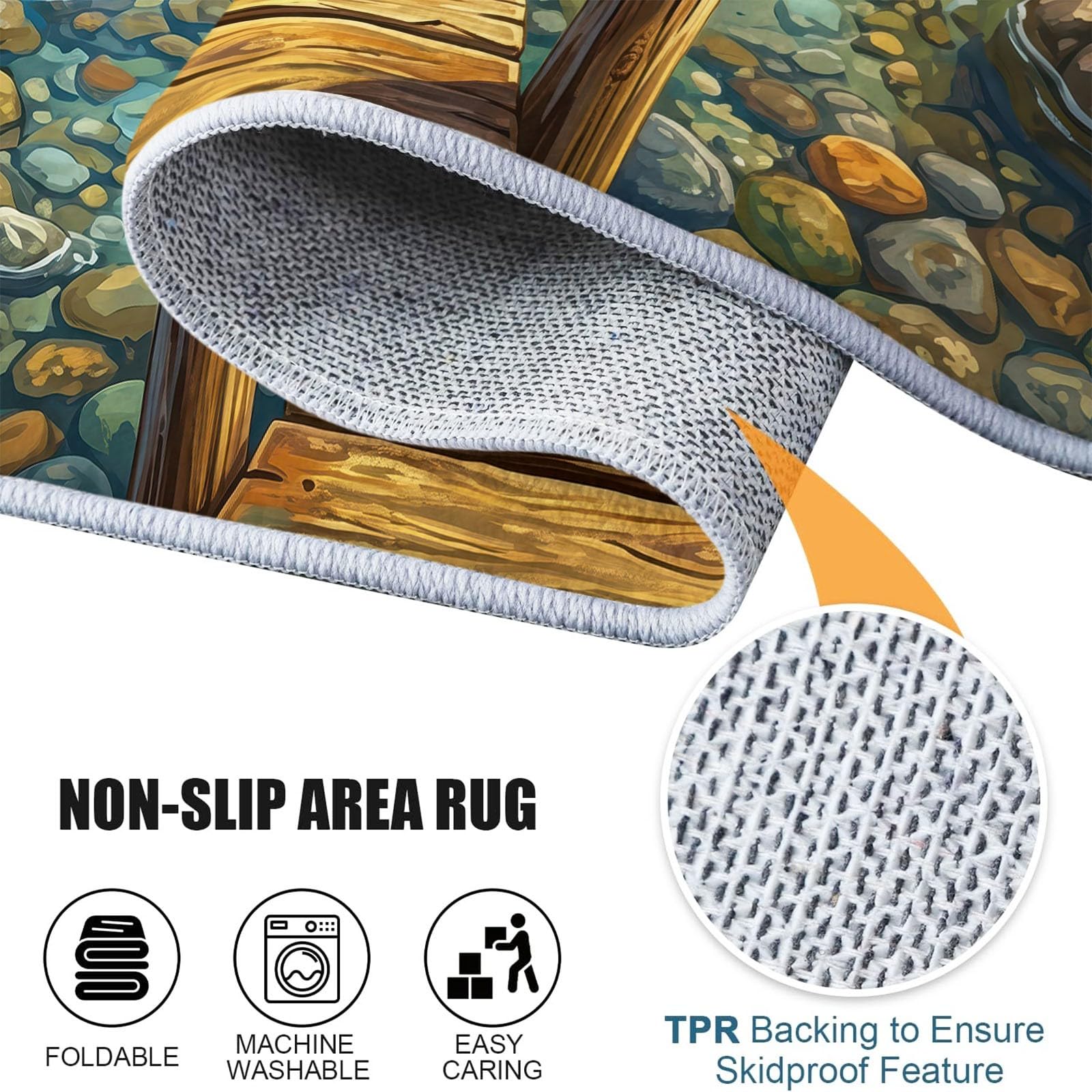 Paysage Naturel Tapis Salon - Lavable Tapis Imprimé, Passerelle Bois Rivière Végétation - Doux Moquette pour Chambre, Tapis Descente De Lit Antidérapant, Salle à Manger - Vert 140 x 200 cm