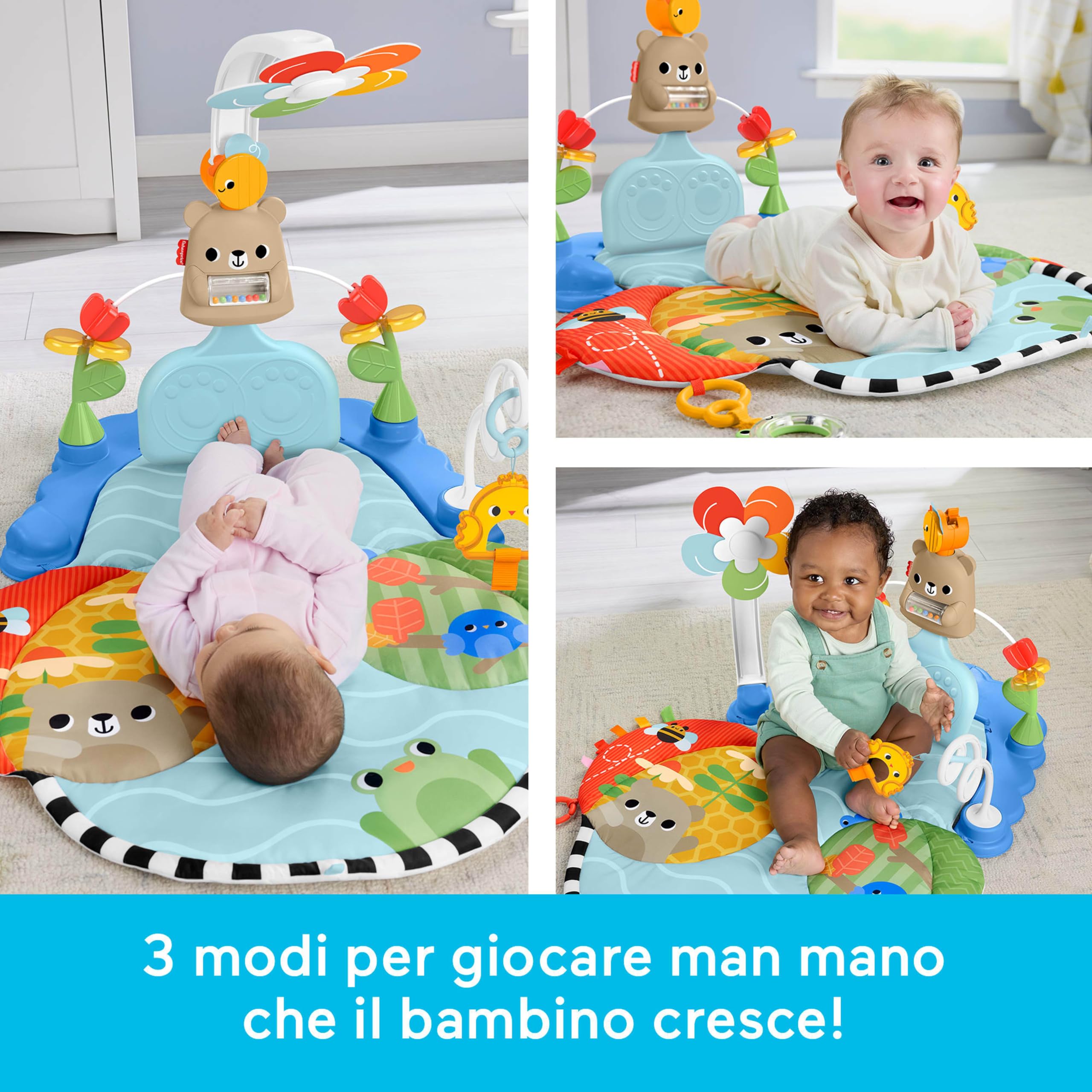 Fisher-Price Palestrina Scalcia e Dondola 3 in 1 | Tappeto gioco bebè, più di 10 attività sensoriali, gioco sviluppo senza elettronica, neonati da 0 mesi, JMT98