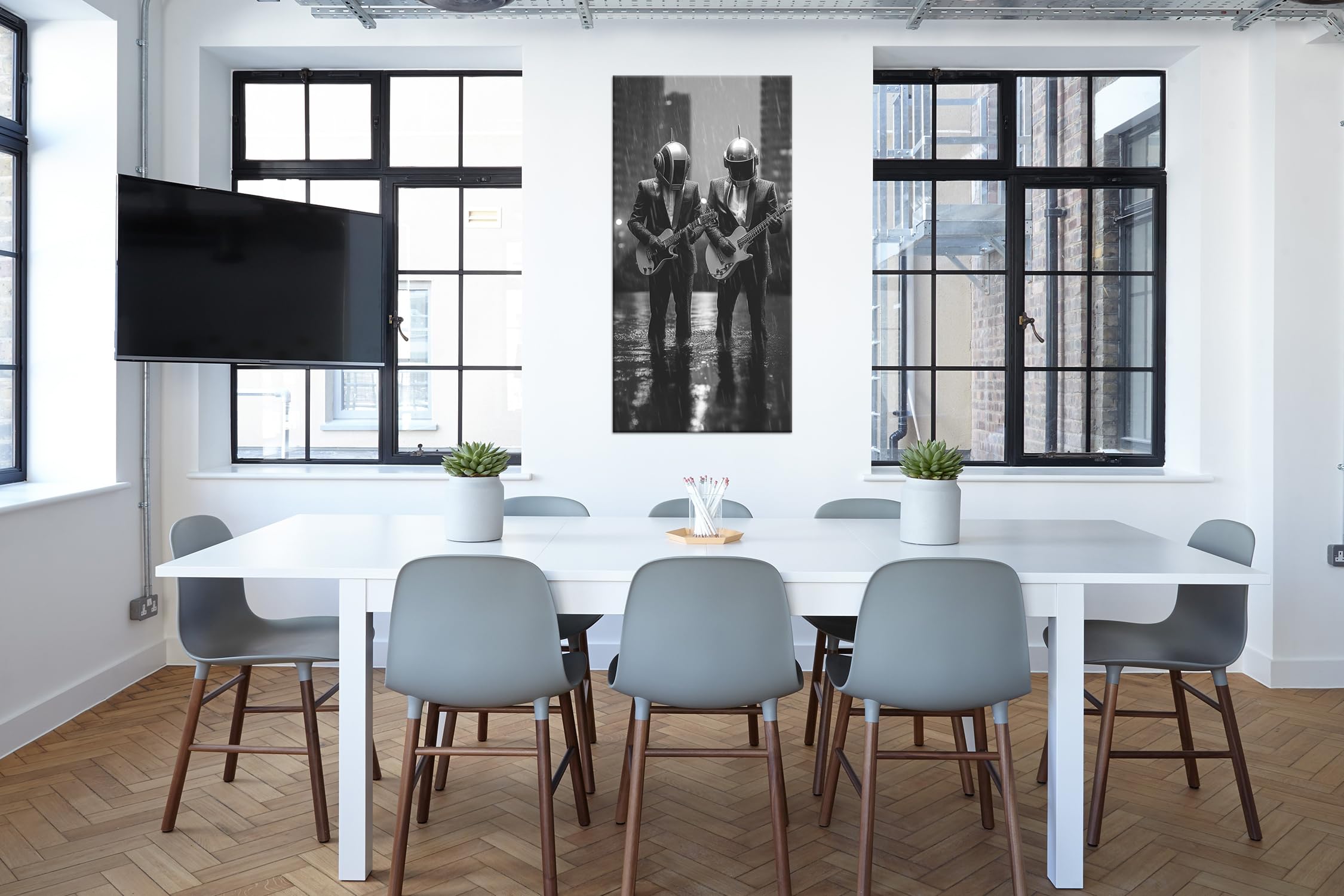 Musicisti futuristici – Eleganza ed elettronica sotto la pioggia. Panorama 120 x 60 cm effetto: bianco e nero XXL stampa artistica su cornice di legno/tela/parete parete parete decorazione soggiorno