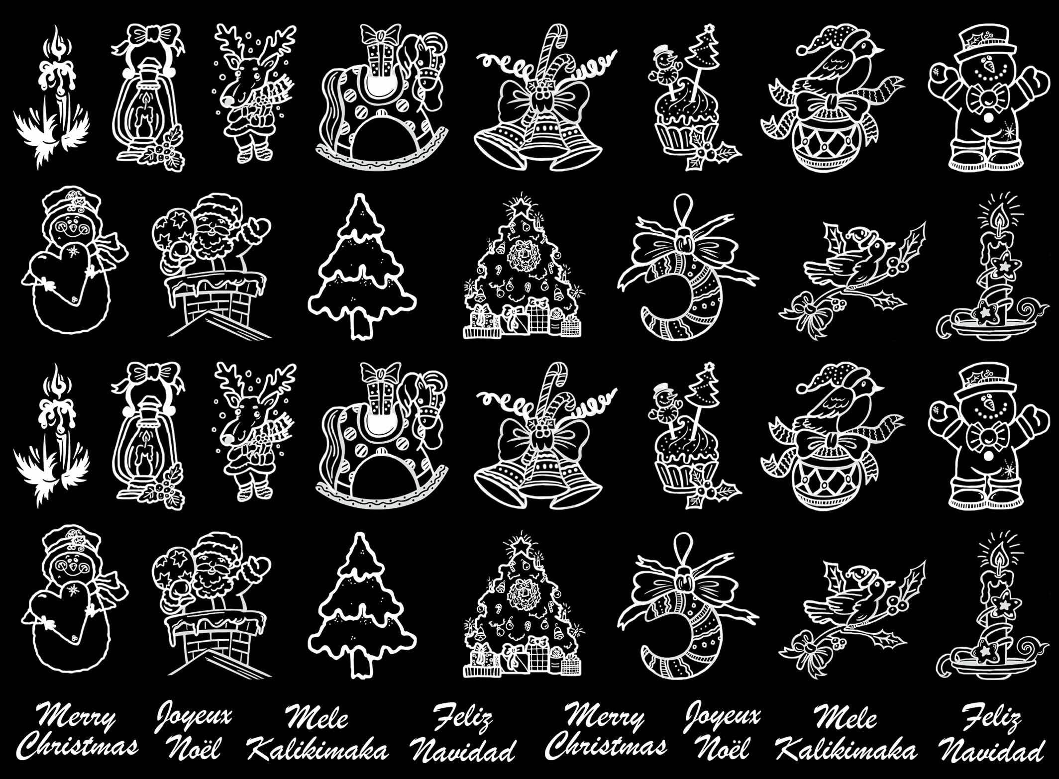 Christmas Sketch 39 pcs 1 Inch White Fused Glass Decals