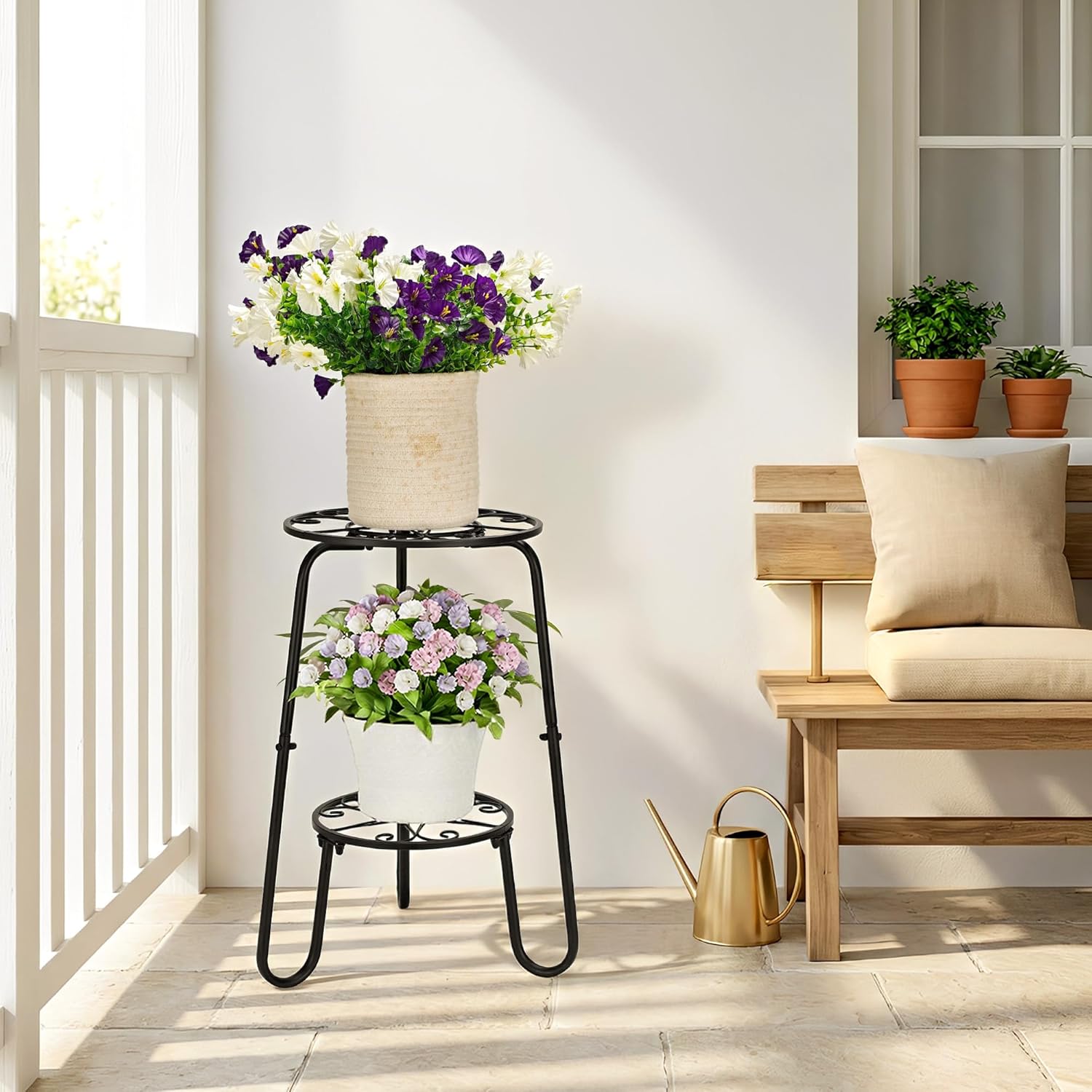 2 Tier Metal Plant Stand, Anti-Rust Iron Flower Pot Holder, Side Table for Indoor Outdoor Patio Sofa