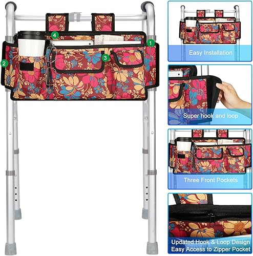 Miniatura 4 de supregear Bolsa organizadora plegable con múltiples bolsillos y compartimento con cremallera para silla de ruedas, silla de ruedas, diseño de gancho