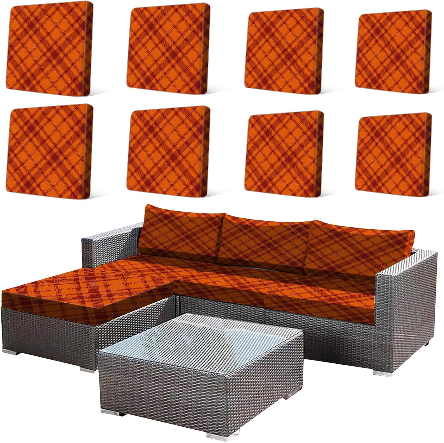 HANDONTIME 8Pcs Halloween Patio Cushion Covers Stretch Couch Covers Plaid Replacement Cushions for Outdoor Buffalo Check Patio Furniture Covers for Pets Sofa Covers Washable (Orange,Cover Only)