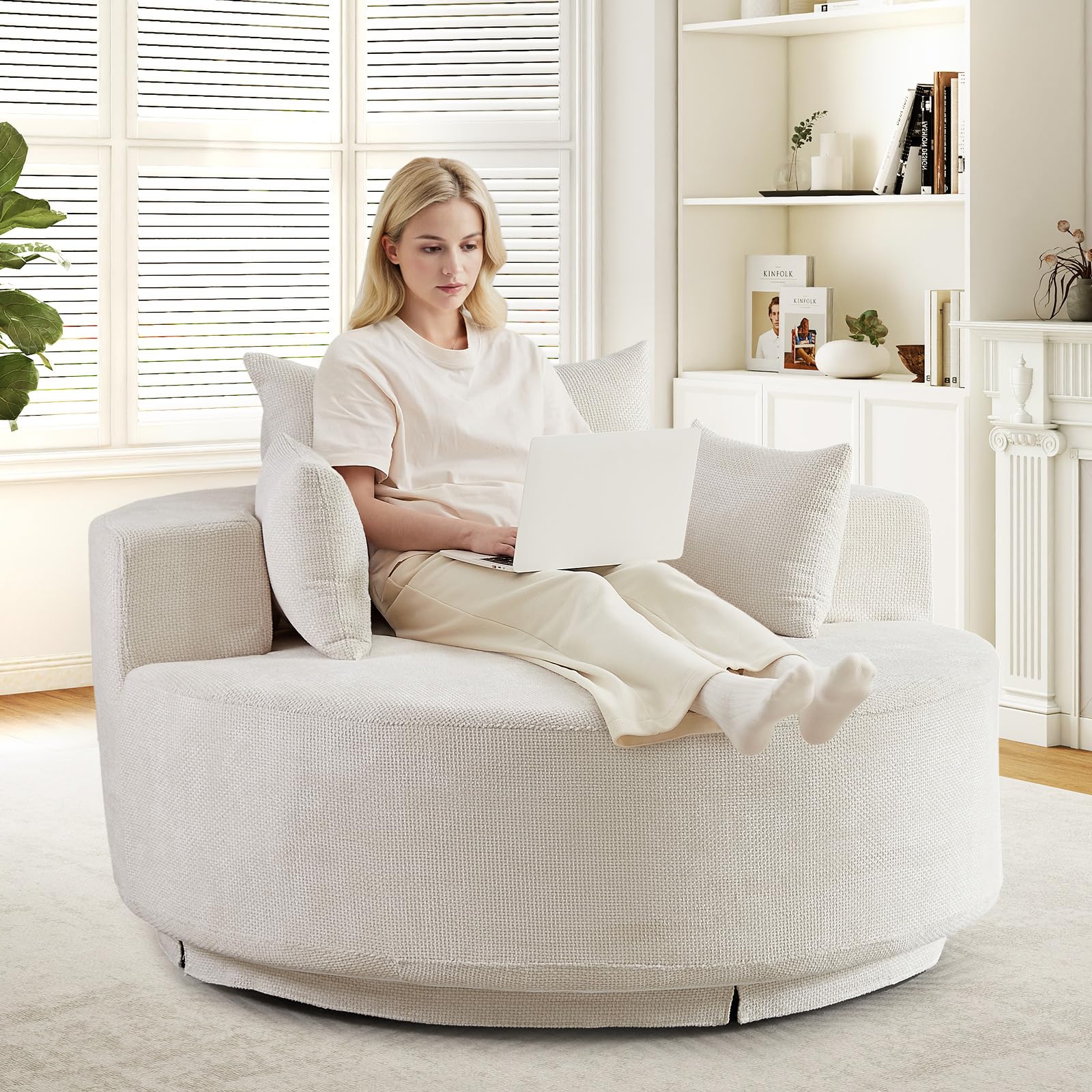 55" W Oversized Round Swivel Accent Barrel Chair,360 Degree Chenille Upholstered Comfy Chaise Lounge Chair Indoor,Modern Deep Seat Single Sofa